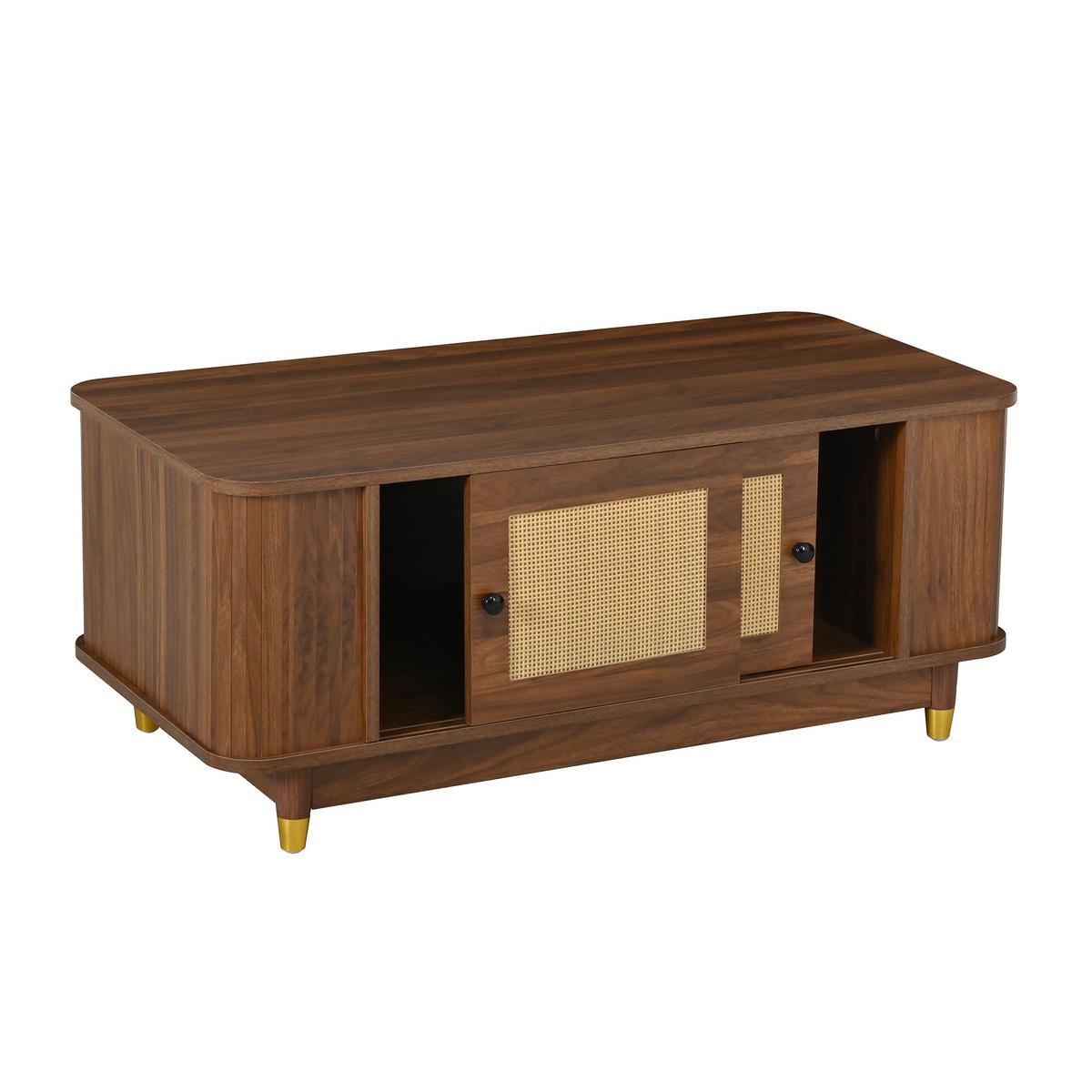 COUCHTISCH nussbaum-optik & rattan schiebetüren & abgerundete ecken - Walnussfarben, Holzwerkstoff (50/100/42cm) - Urban Meuble
