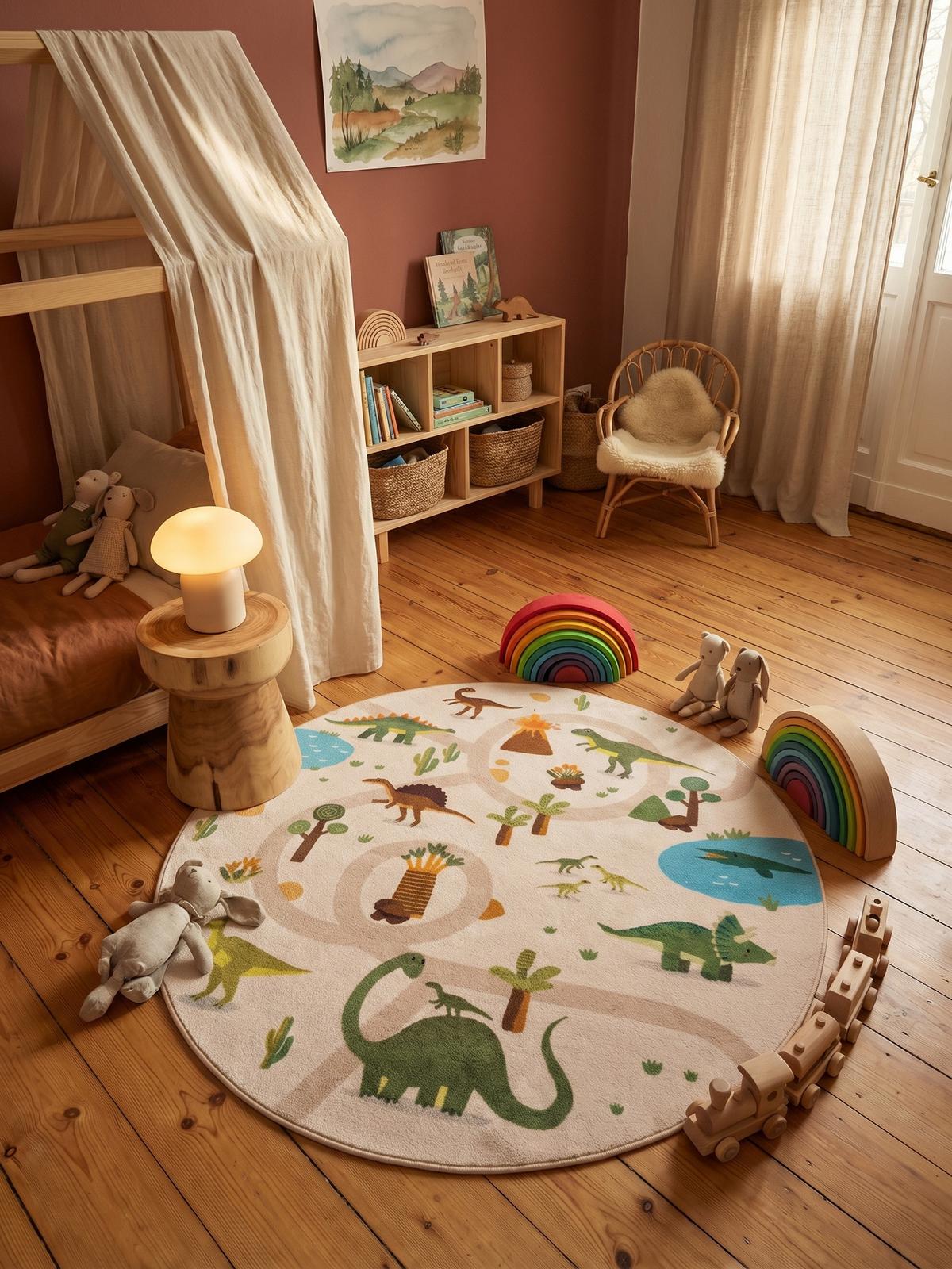 SPIELTEPPICH Waschbar TINO in Beige, mit Dino-Landschaft, Ø 120 cm - Beige, Textil (120/120cm) - KADIMA DESIGN