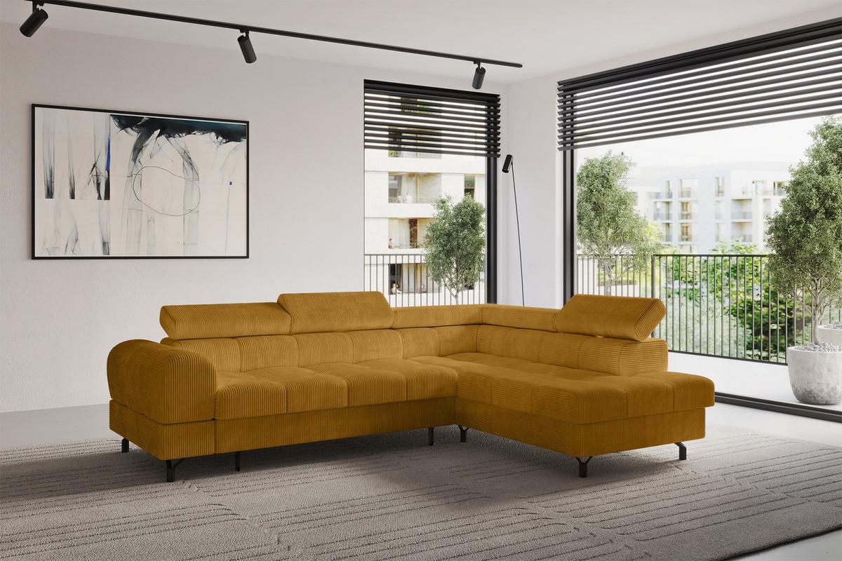 ECKSOFA mit Schlaffunktion Ottomane Rechts LUMA-L 272x203x70 Senfgelb Cord - Schwarz/Honig, Holzwerkstoff/Kunststoff (203/272cm) - ALTDECOR