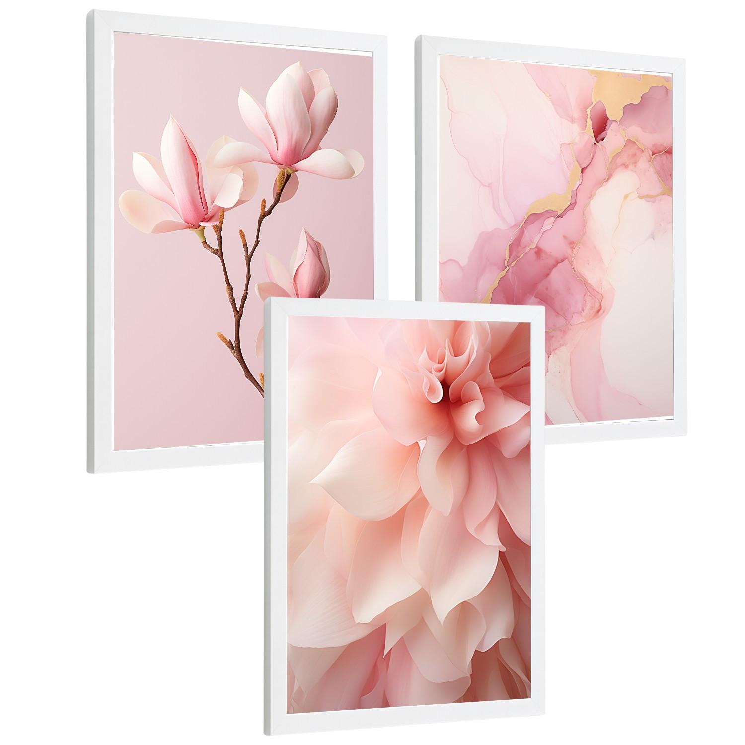 POSTER 3er-Set Wandbilder Orchidee Marmor modern Wohnzimmer Deko, Schlafzimmer, Küche, Badezimmer Weißer Rahmen A3 - Weiß, Papier (29.7/1/42cm) - Nacnic