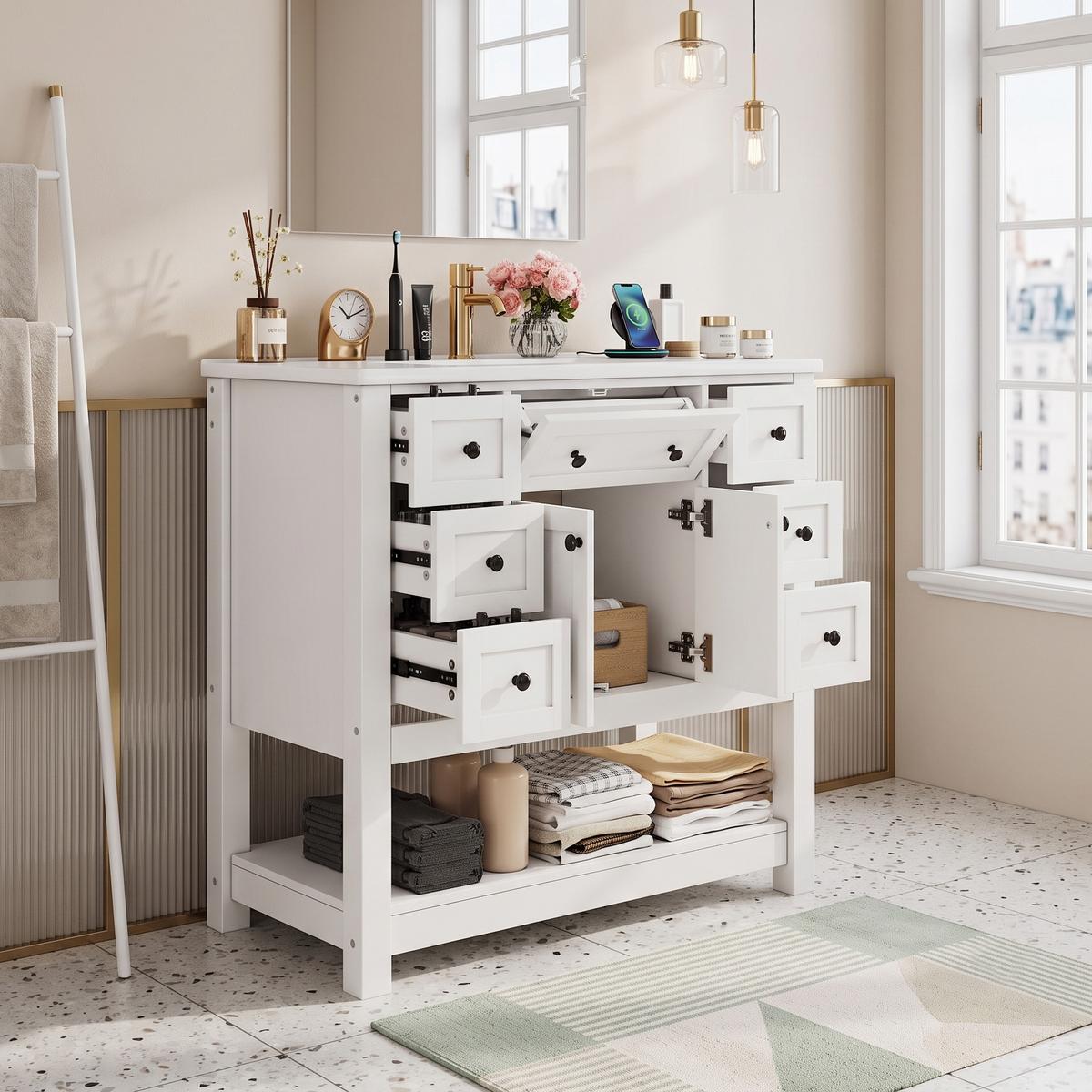 WASCHTISCH Freistehend Weiß mit Keramikbecken, 6 Schubladen & Regal - Weiß, Holzwerkstoff (91.5/90/46.5cm) - Urban Meuble