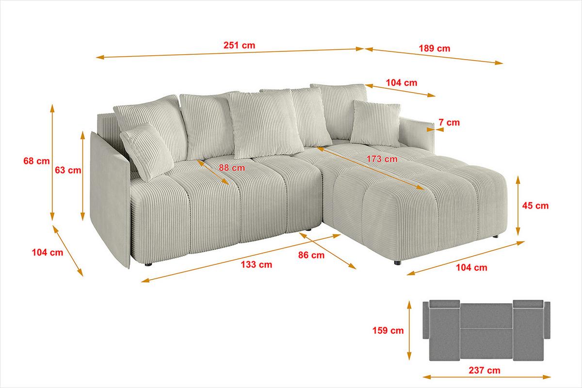 ECKSOFA Ottomane rechts LONLI-L 251x189x68 Creme Cord - Ecru/Creme, Holzwerkstoff/Kunststoff (189/251cm) - ALTDECOR