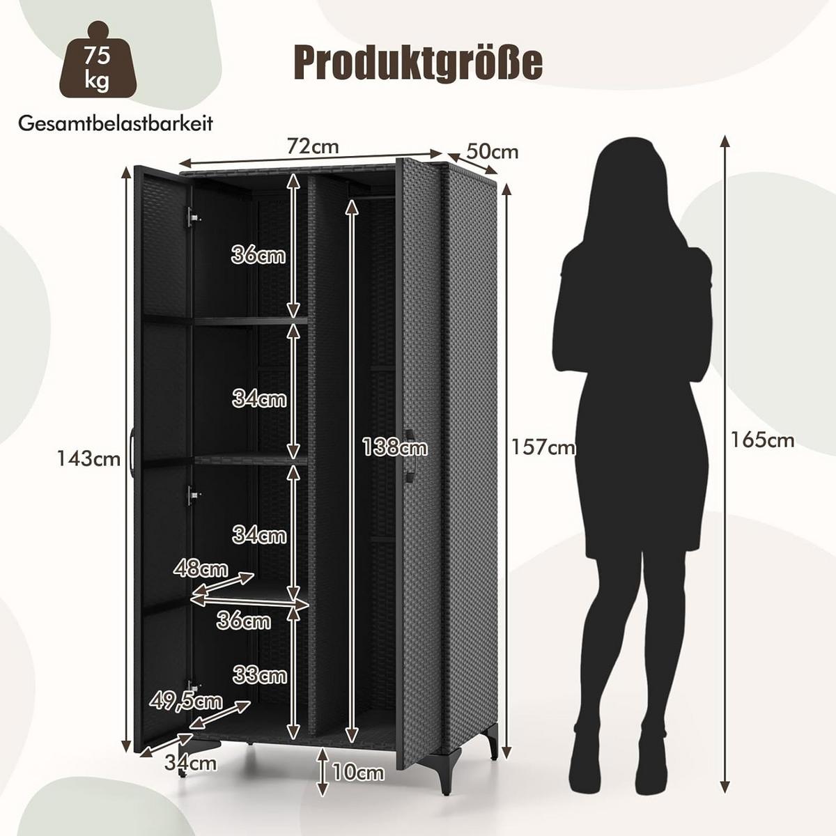 GARTENSCHRANK Schwarz - Schwarz, Kunststoff (72/157/50cm) - COSTWAY
