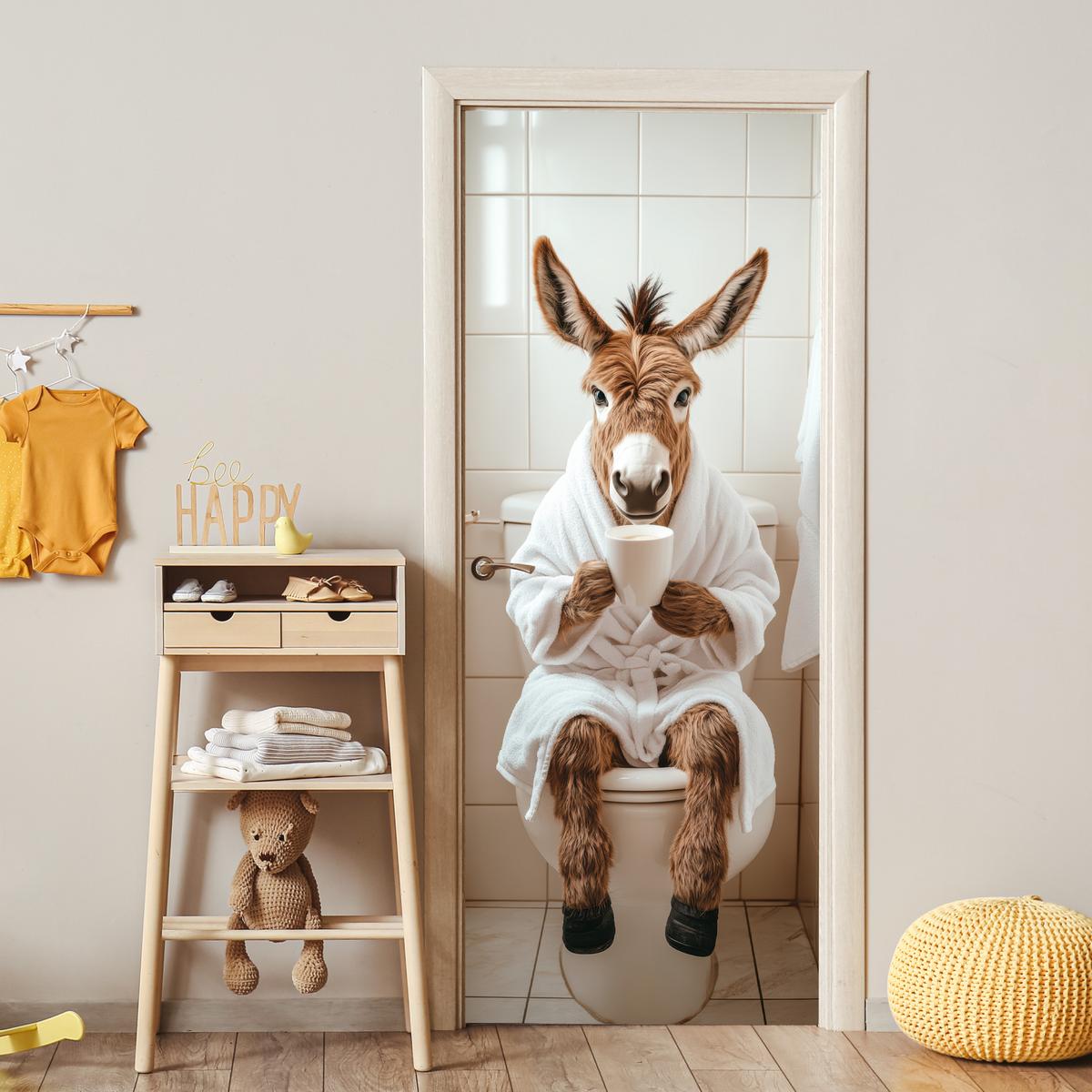 TÜRAUFKLEBER Esel - WC - Lustig - Bademantel - Tier 80x215 cm - Türtapete - Beige, Kunststoff (80/0.1cm) - MuchoWow