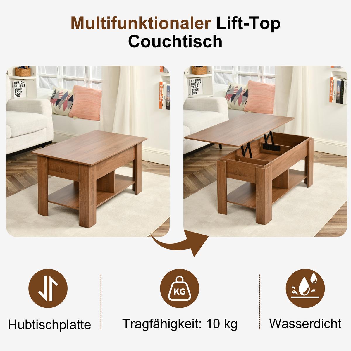 COUCHTISCH mit Lift-Top, Stauraum und Ablagefach, Eiche Optik - Goldfarben/Weiß, Holz (96/50/47cm) - Urban Meuble