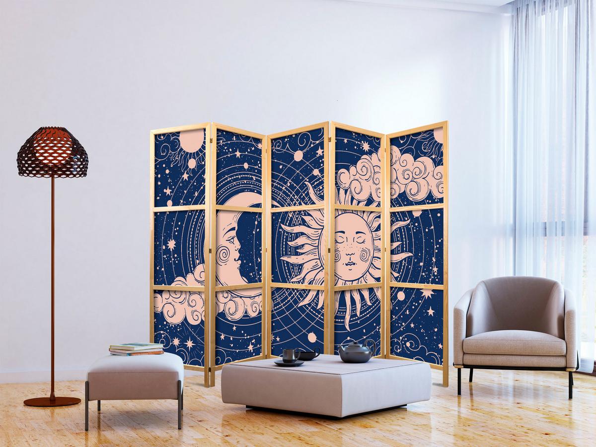 PARAVENT Japanischer 5-tlg 225x172 cm Sonne Mond Wolken - Multicolor, Holz/Textil (225/172/3cm) - Muralo