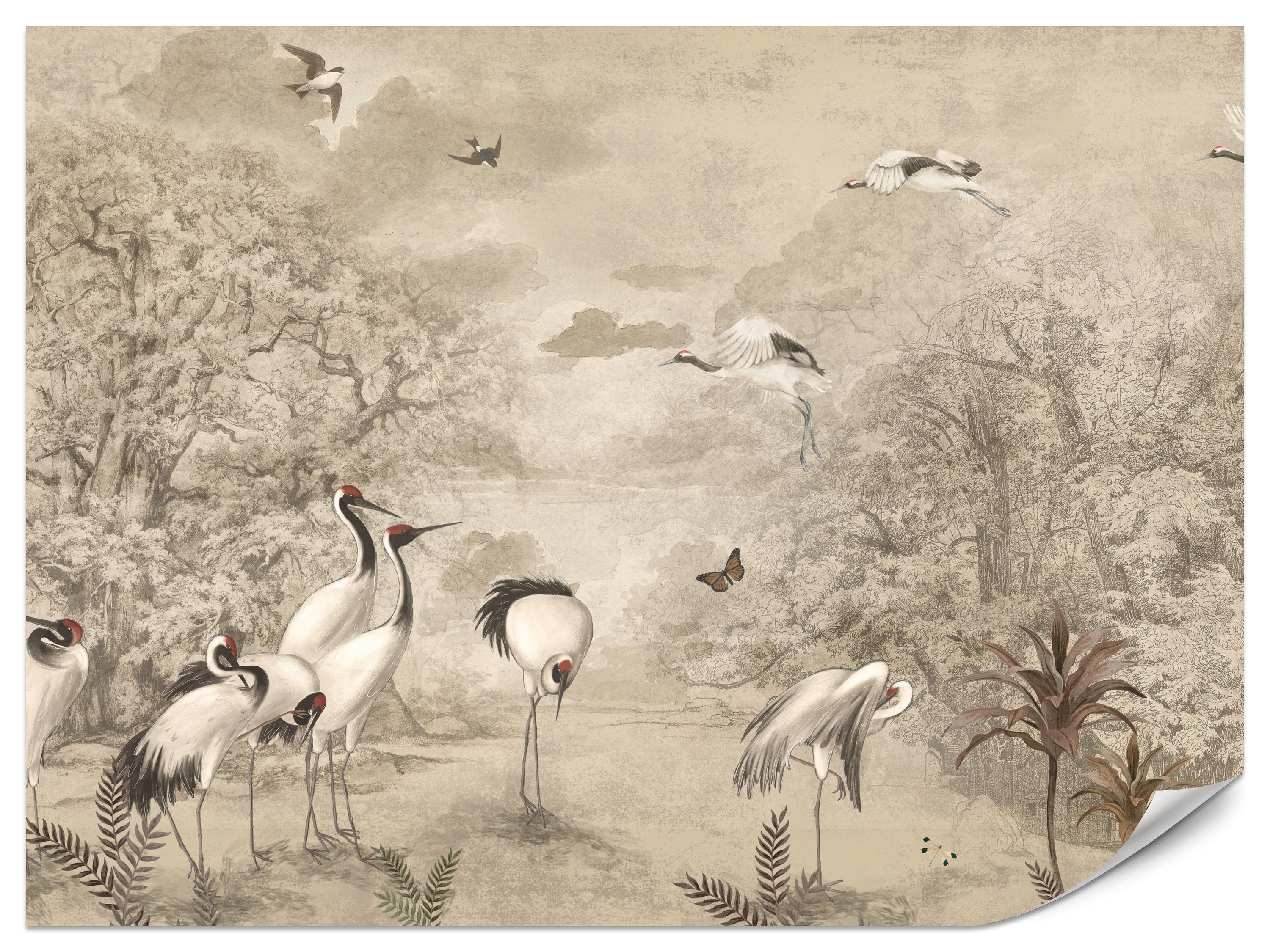 FOTOTAPETE für Schlafzimmer Retro Kraniche Wald Bäume Vögel 450x315 - Beige/Rot, Papier (450/315cm) - Muralo
