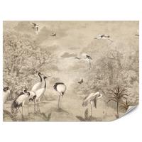 FOTOTAPETE für Schlafzimmer Retro Kraniche Wald Bäume Vögel 450x315 - Beige/Rot, Papier (450/315cm) - Muralo