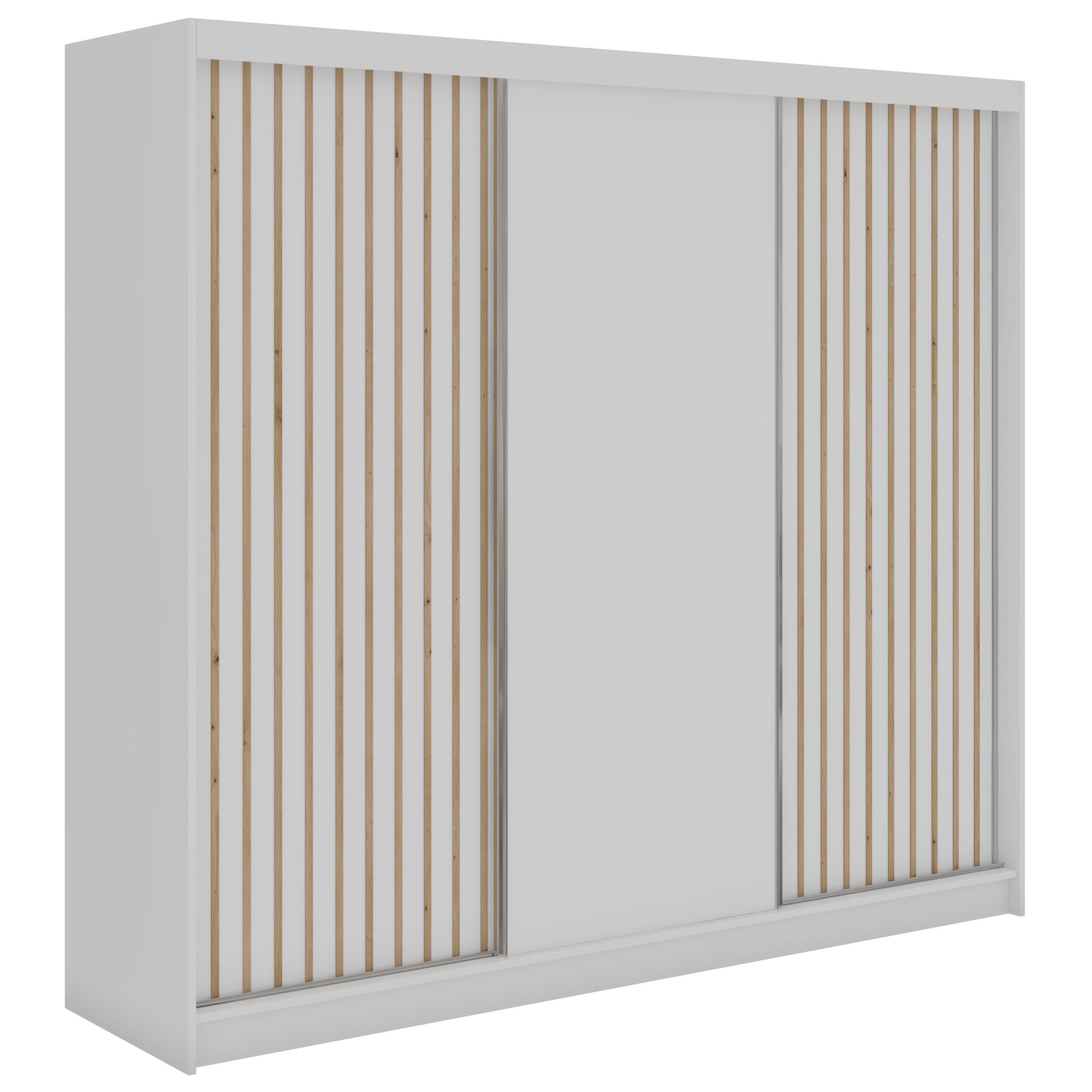 SCHWEBETÜRENSCHRANK mit Lamellen LUMOS - 240 - Weiß und Eiche Artisan - Alufarben/Weiß, Holzwerkstoff/Metall (240/216/61cm) - MKS