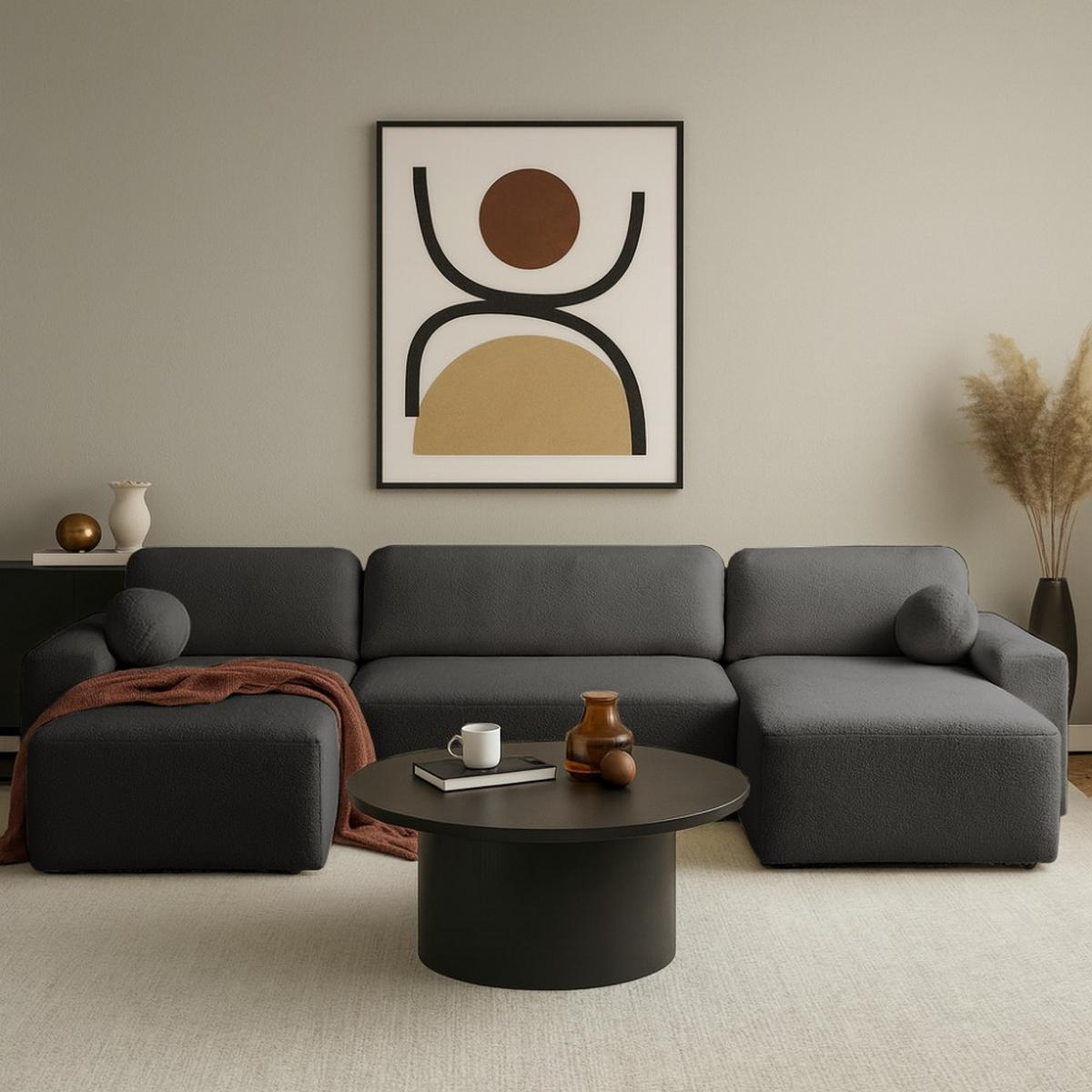WOHNLANDSCHAFT Noel mit Schlaffunktion, Schwarz, Bouclé-Stoff - Schwarz, Holzwerkstoff (375/93/163cm) - Beautysofa