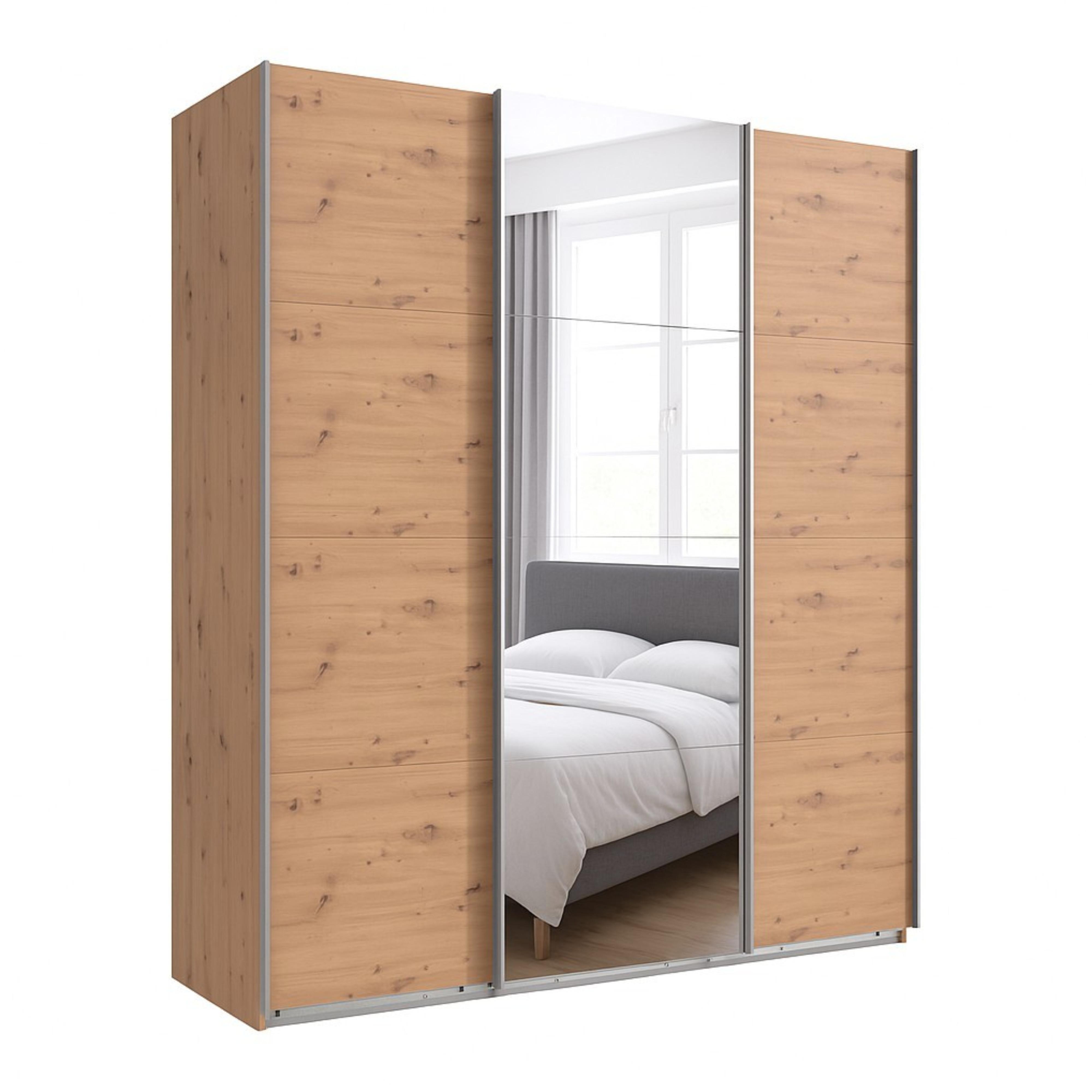 SCHWEBETÜRENSCHRANK 3-türig B180/H208/T64 cm in Eiche Artisan Dekor, Kleiderschrank mit einer Spiegeltür / 22513 - Eichefarben/Braun, Holzwerkstoff/Metall (180/208/64cm) - luma-home