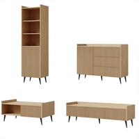 WOHNWAND Amfali 4-teilig –Lowboard, Kommode, Regal und Couchtisch, Push-to-open, Frühlings-Eiche - Eichefarben/Schwarz, Holzwerkstoff/Metall (150/180/41cm) - Beautysofa