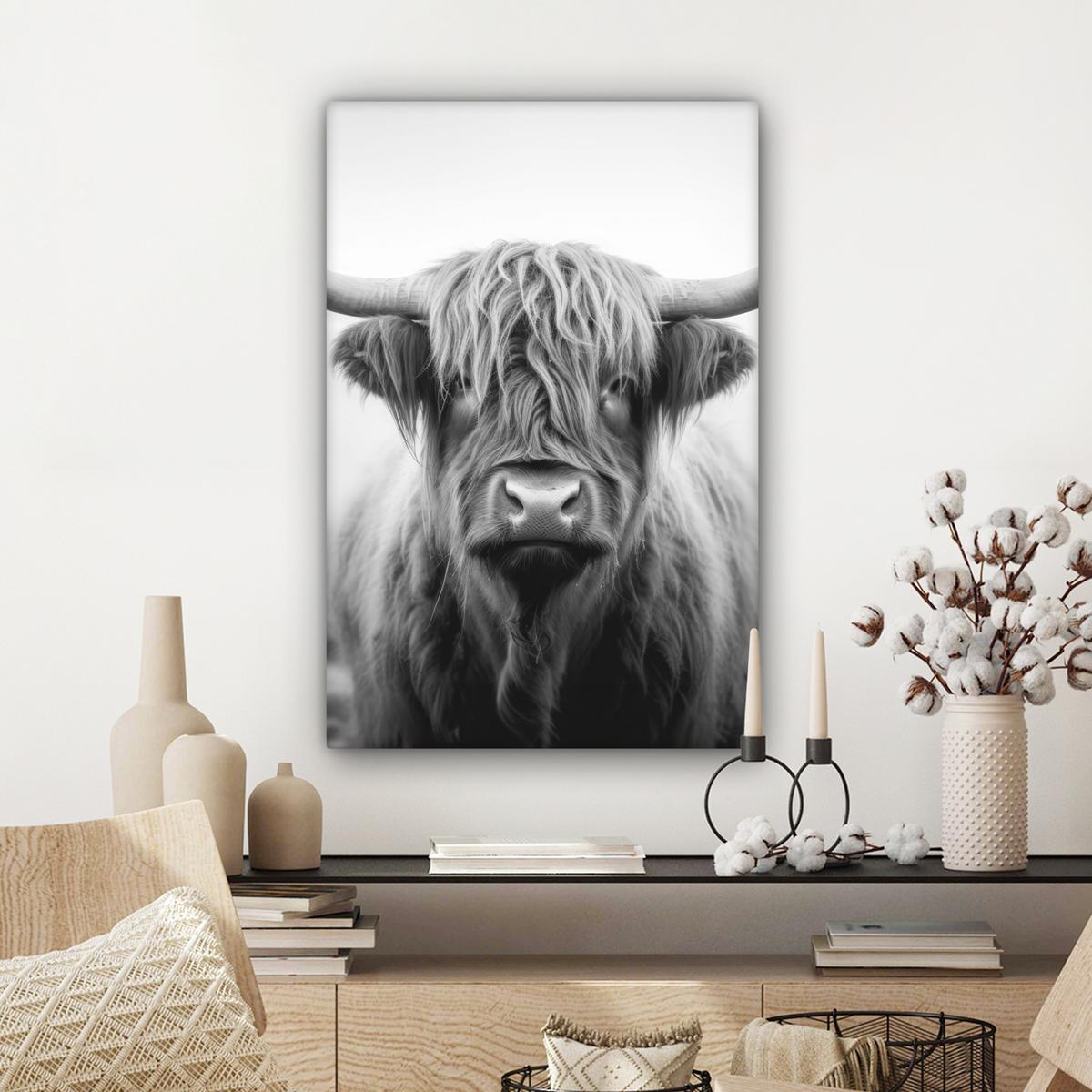 LEINWANDBILD Schottischer Highlander - Nebel - Schwarz - Weiß Wanddeko 40x60 cm - Grau, Textil (40/60cm) - MuchoWow