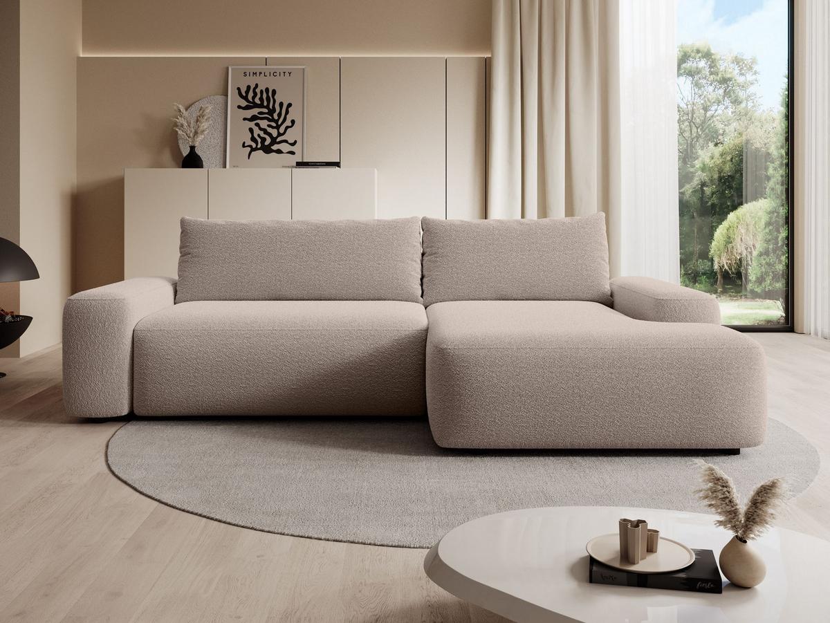 ECKSOFA RUOTA Beige Boucle-Stoff mit Schlaffunktion - Beige, Holz (264/162cm) - MASSENO