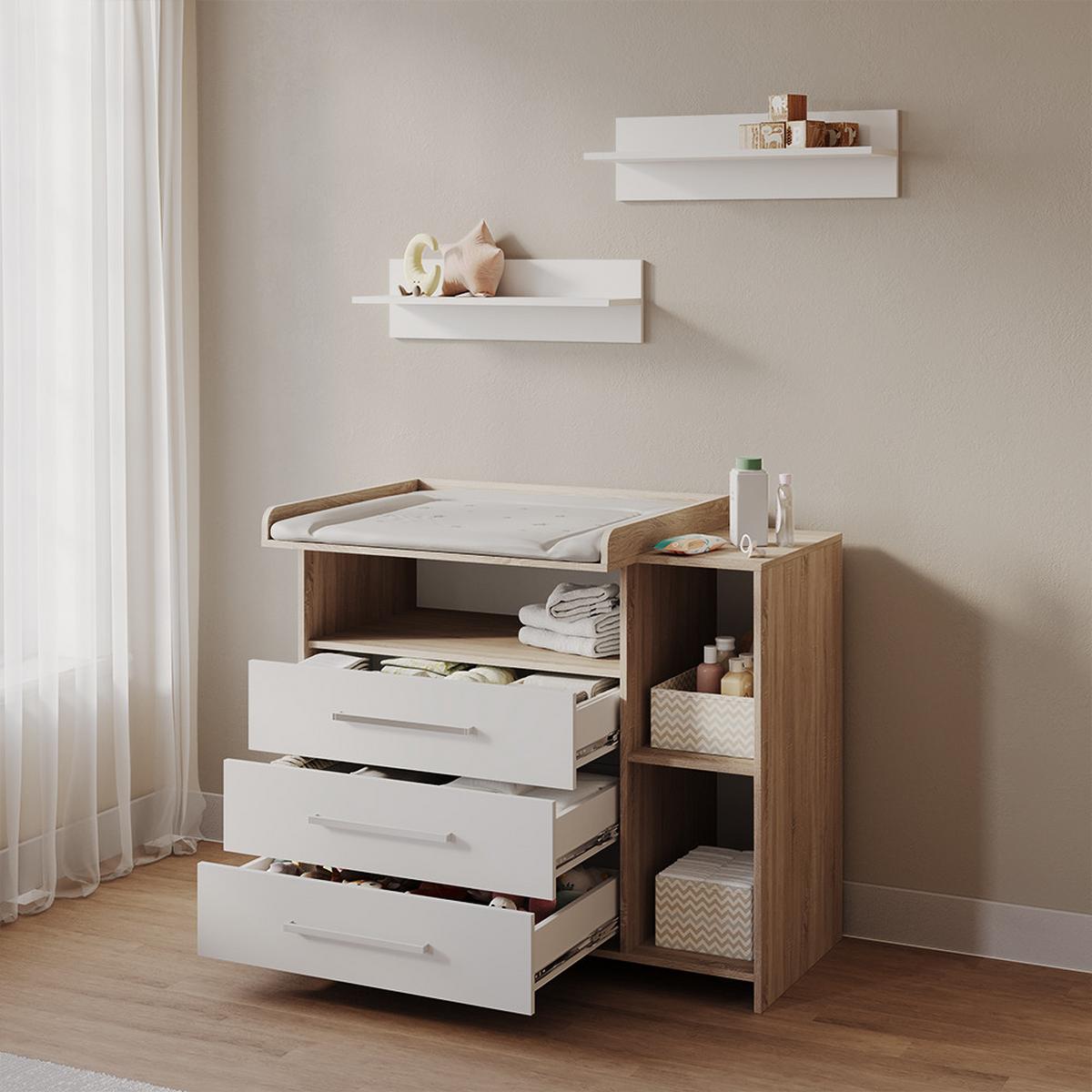 WICKELKOMMODE Torino Weiß/Sonoma mit Schubladen - Weiß/Sonoma Eiche, Holzwerkstoff (113/100/53cm) - Livinity®