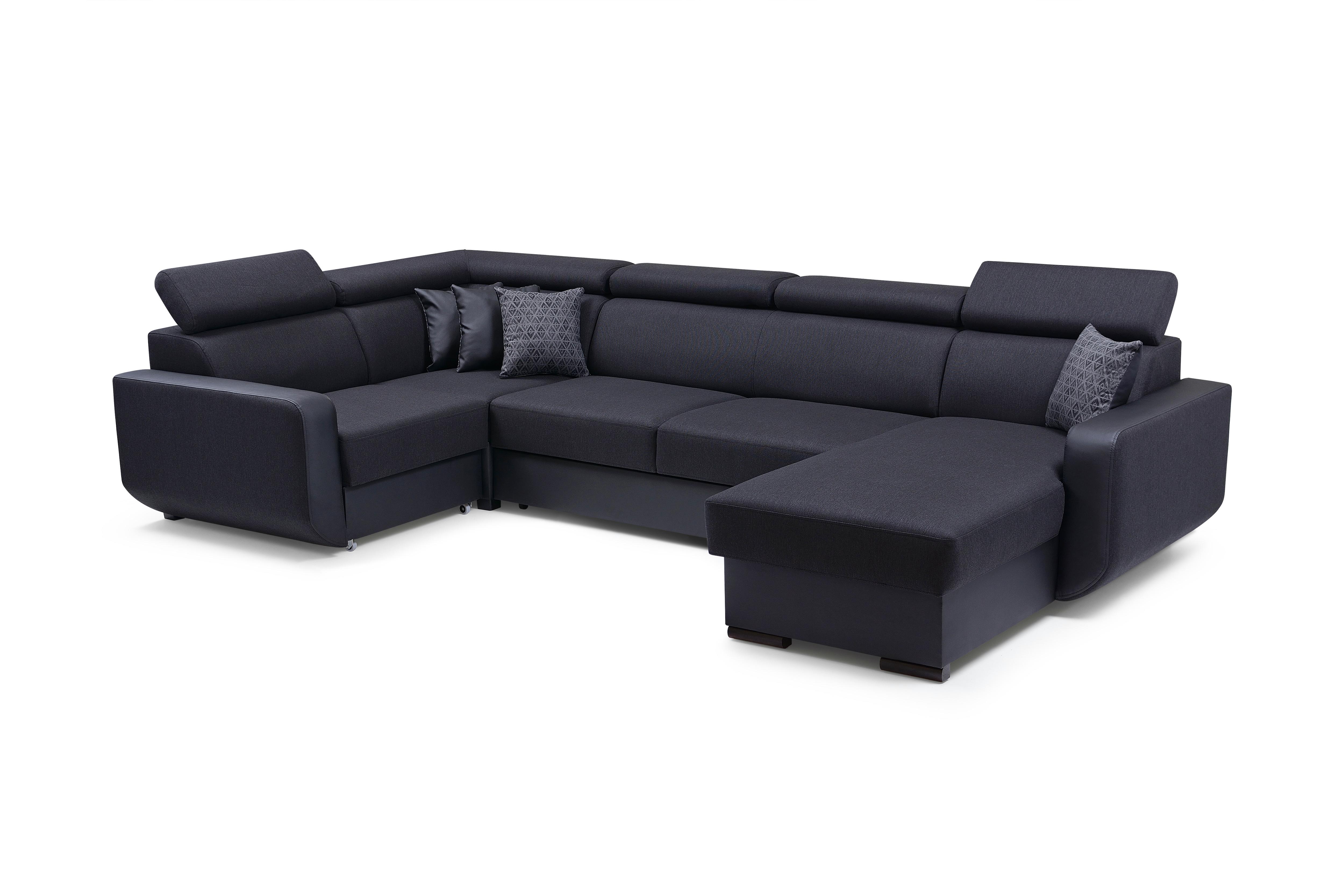 WOHNLANDSCHAFT PALAZZO Schwarz Geflochtener Stoff mit Schlaffunktion - Schwarz, Holz (337/97/184cm) - MASSENO