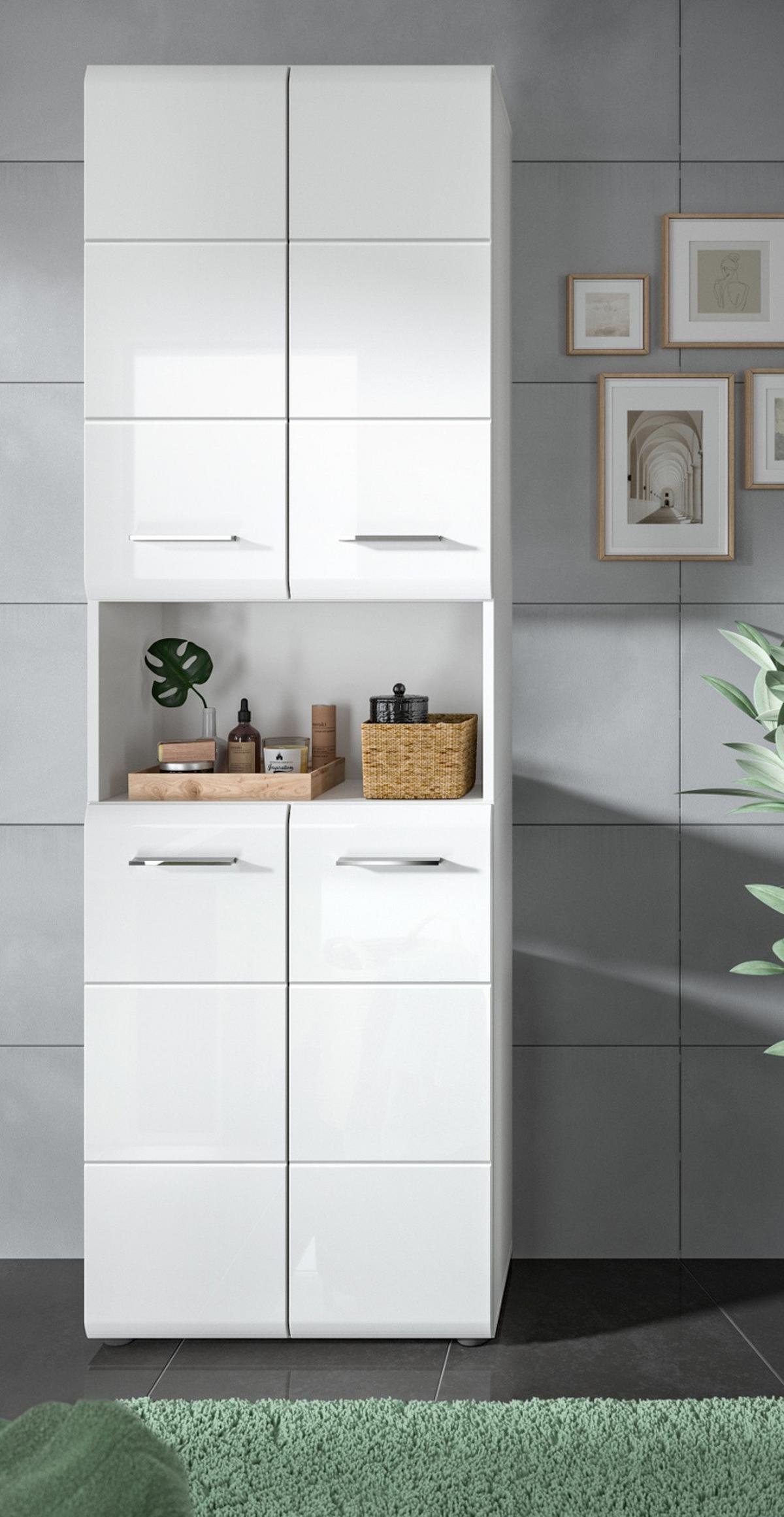 HOCHSCHRANK weiß Hochglanz, 4-türiger Badschrank 60 x 185 cm mit viel Stauraum - Weiß Hochglanz/Silberfarben, Holzwerkstoff/Kunststoff (60/185/30cm) - Inn.Furn