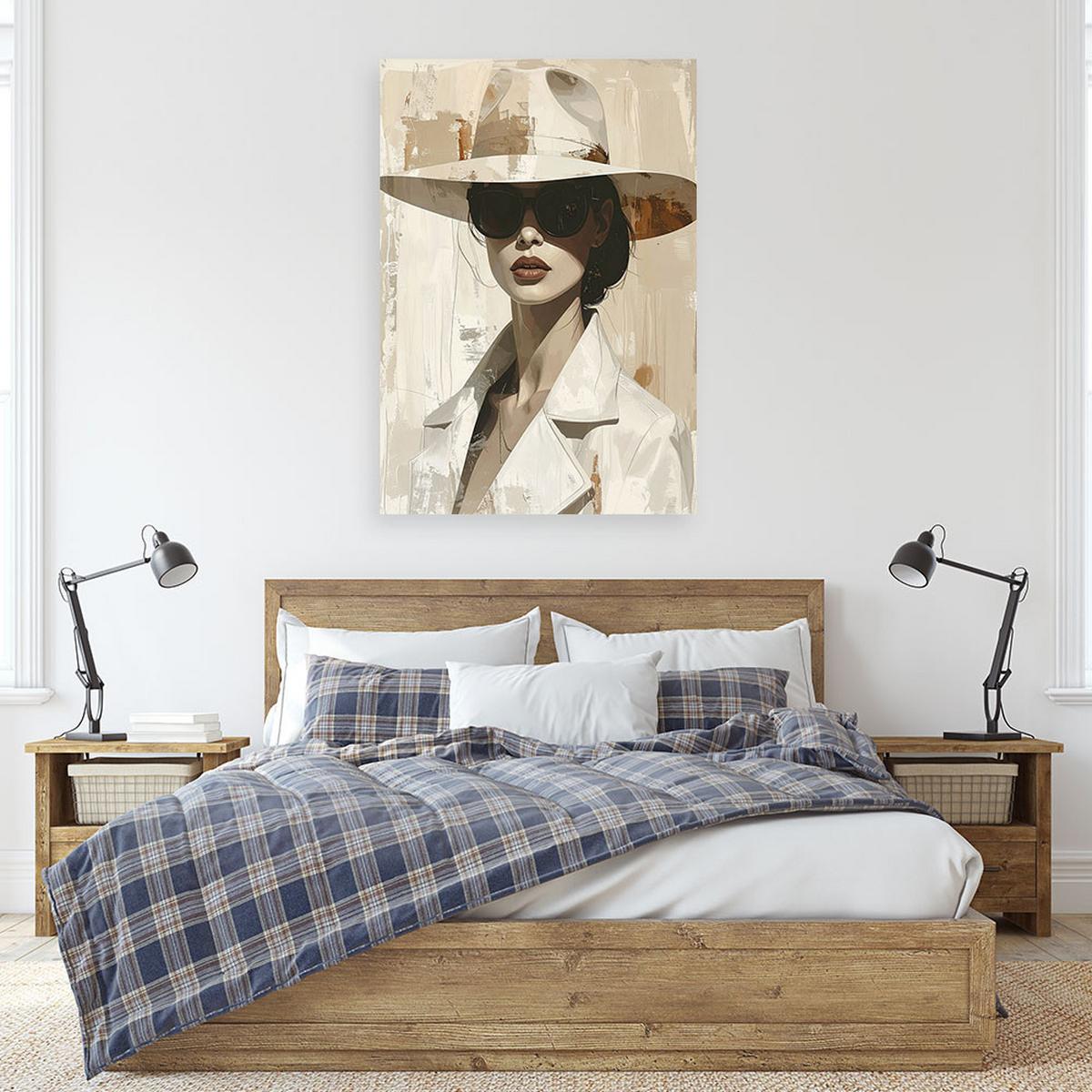 LEINWANDBILDER, Elegante Frau mit Hut und dunkler Brille - Weiß, Textil (80/120cm) - Feeby