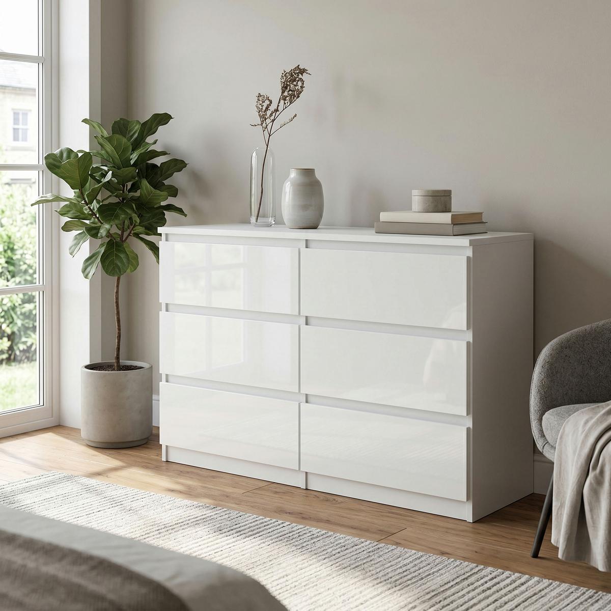 KOMMODE NUDO 138,5/78,5/39cm mit 6 Schubladen Türen Weiß - Weiß Hochglanz/Weiß, Holzwerkstoff (138.5/78.5/39cm) - MASSENO