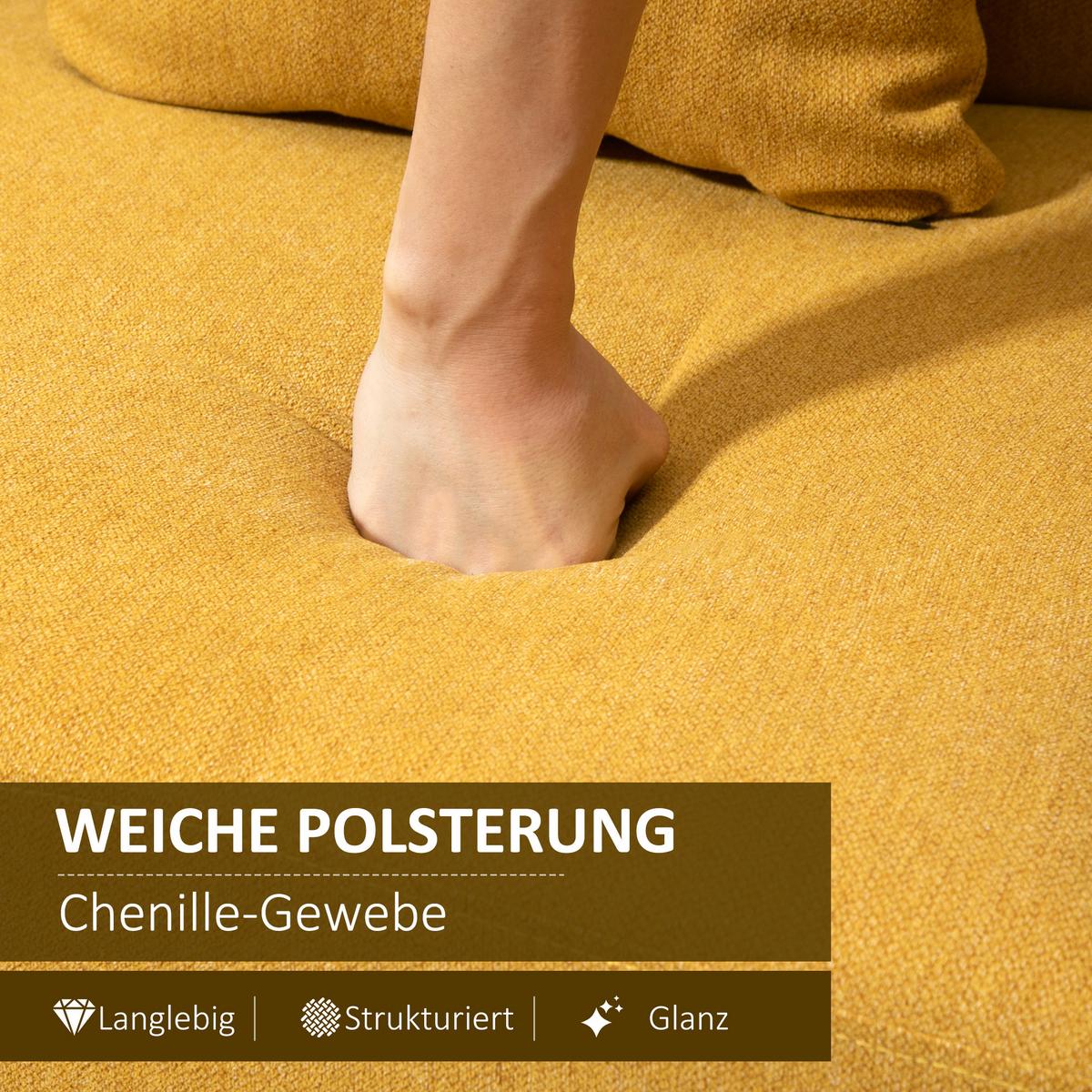 2 Sitzer Sofa, Couch mit 2 Wurfkissen, gepolsterter Doppelsofa mit Samtopik - Currygelb, Kunststoff (70/80/130cm) - HOMCOM