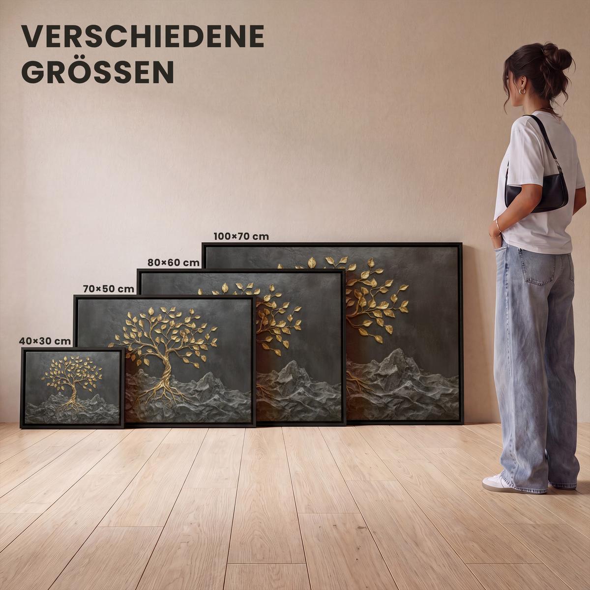 LEINWAND Bilder mit Rahmen - Blätter - Gold - Baum - Fels - 70x50 - Schwarz, Textil (70/50cm) - MuchoWow