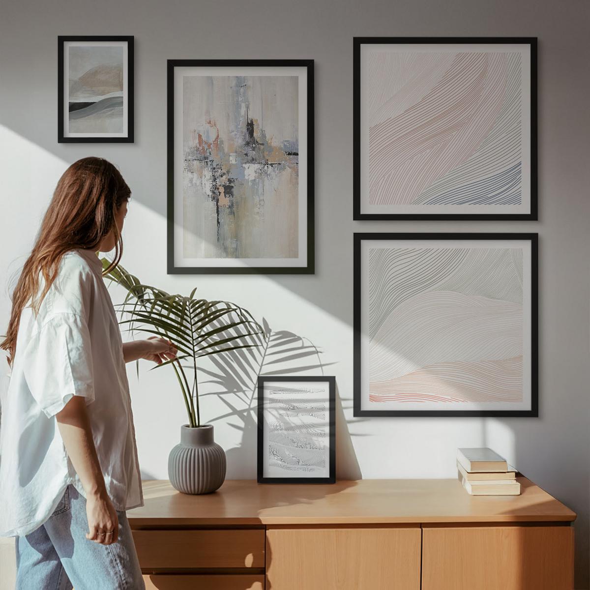BILDER SET 5er Set - 50x50 cm & 20x30 cm & 40x60 cm Schwarzer Rahmen - Abstrakte Erdmuster - Schwarz, Kunststoff (40/60cm) - TULUP