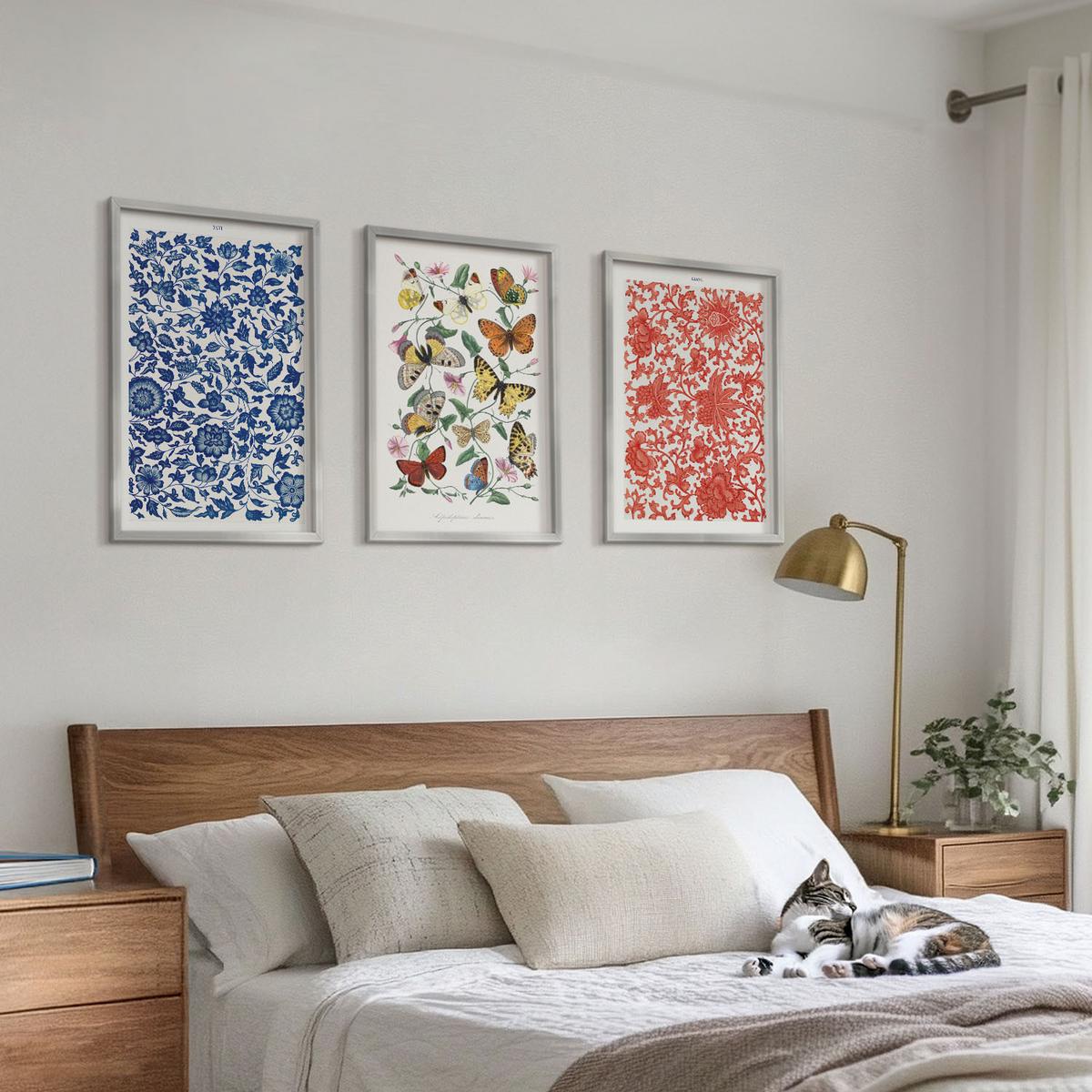 BILDER SET 3er Set - 40x60 cm Silberner Rahmen - Vintage-Blumen-Schmetterlings-Ornamente - Silberfarben, Kunststoff (40/60cm) - TULUP