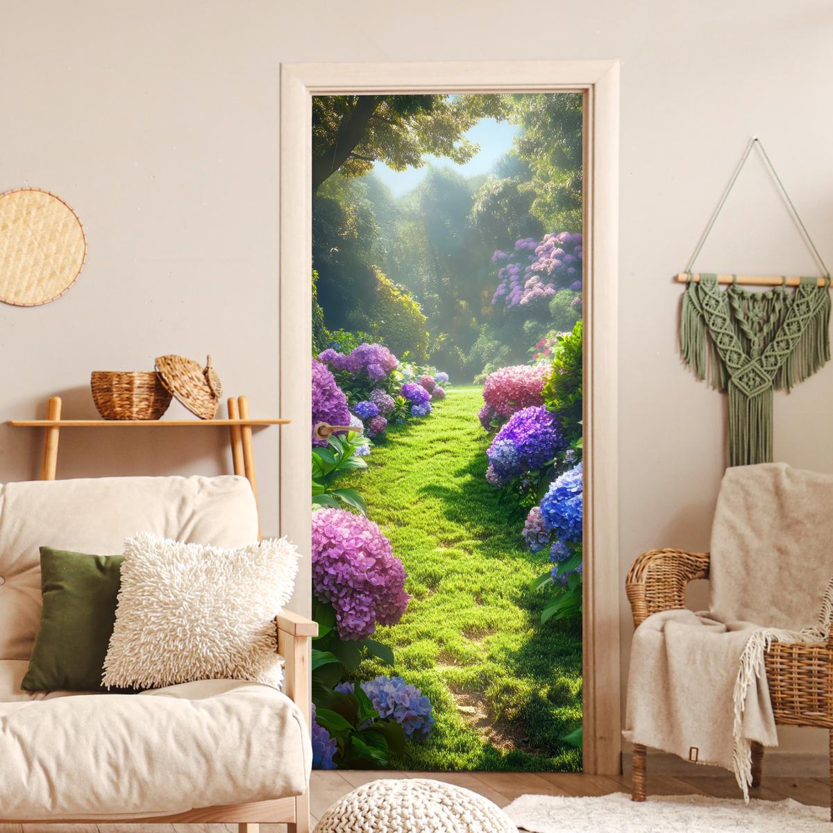 TÜRAUFKLEBER Natur - Hortensie - Blumen - Grün 90x215 cm - Türtapete - Hellgrün, Kunststoff (90/0.1cm) - MuchoWow