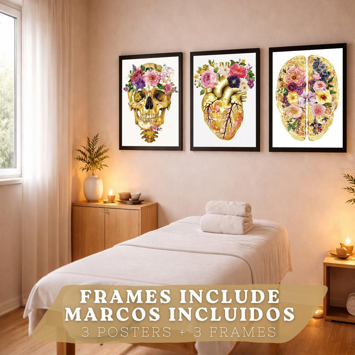 POSTER Set aus 3 Anatomie Mensch Drucke und mit Schädel Gehirn und Herz Goldene Florale Künstlerische Illustration Größe Schwarzer Rahmen A3 - Schwarz, Papier (29.7/42/3cm) - Nacnic