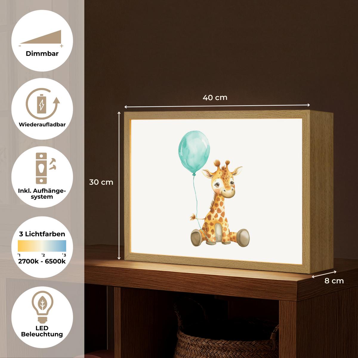 WANDLEUCHTE MIT AKKU Giraffe - Baby - Tiere - Blauer Ballon 40x30 cm - Weiß, Holzwerkstoff (40/30/8cm) - OnlyWow