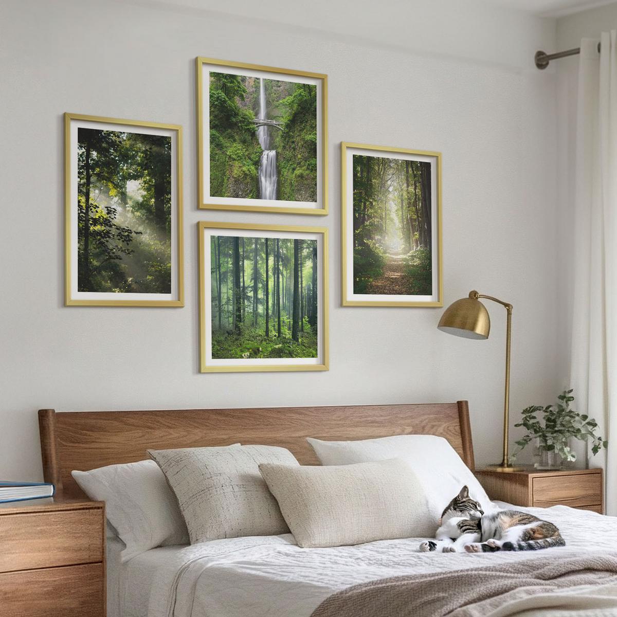 BILDER SET 4er Set - 50x50 cm & 40x60 cm Goldrahmen - Grüne Wälder, Lichtstrahlen - Goldfarben, Kunststoff (50/50cm) - TULUP