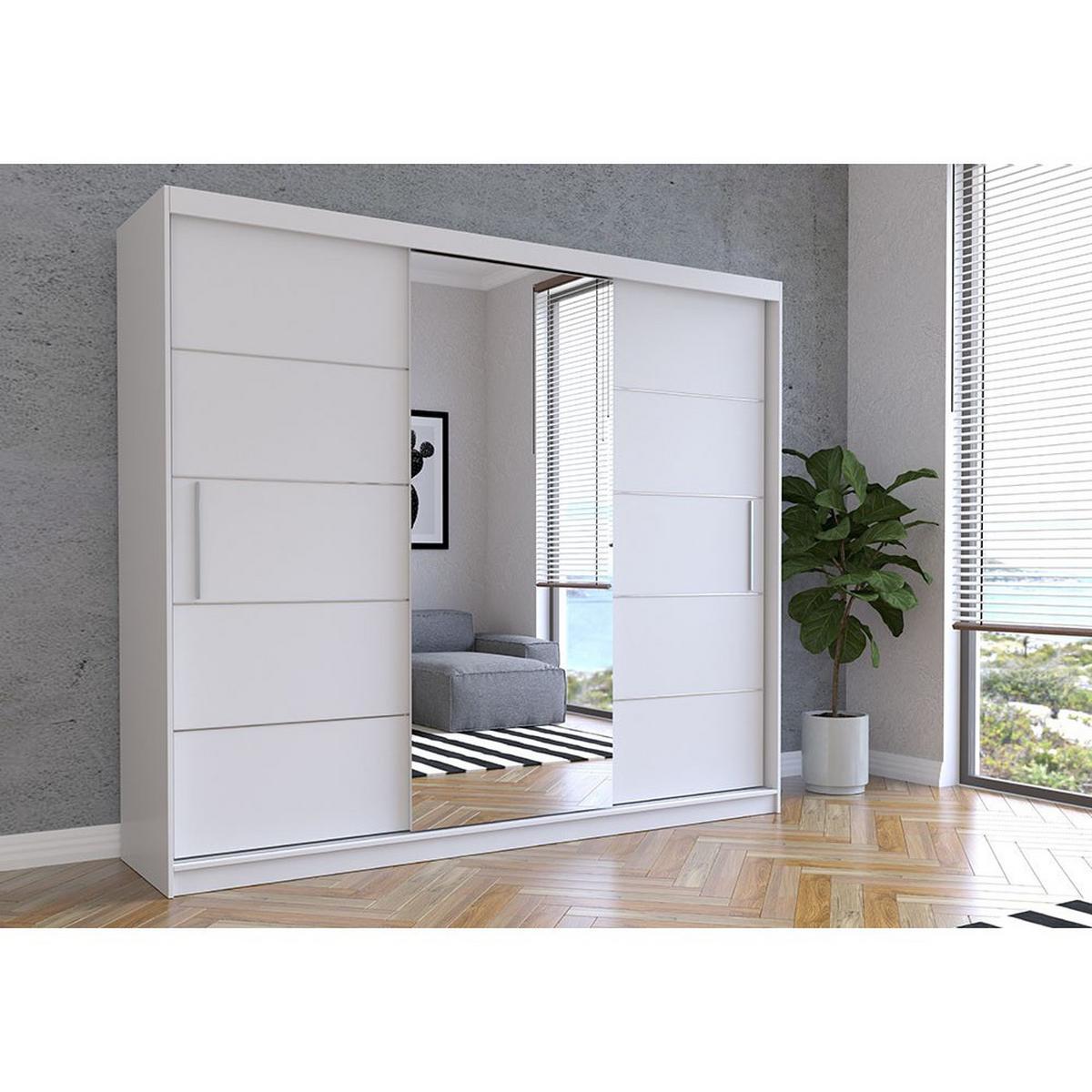 SCHWEBETÜRENSCHRANK Alba Weiß/Weiß + Spiegel, mit LED-Beleuchtung 250 cm - Alufarben/Weiß, Glas/Holzwerkstoff (250/218/61cm) - imoebel24