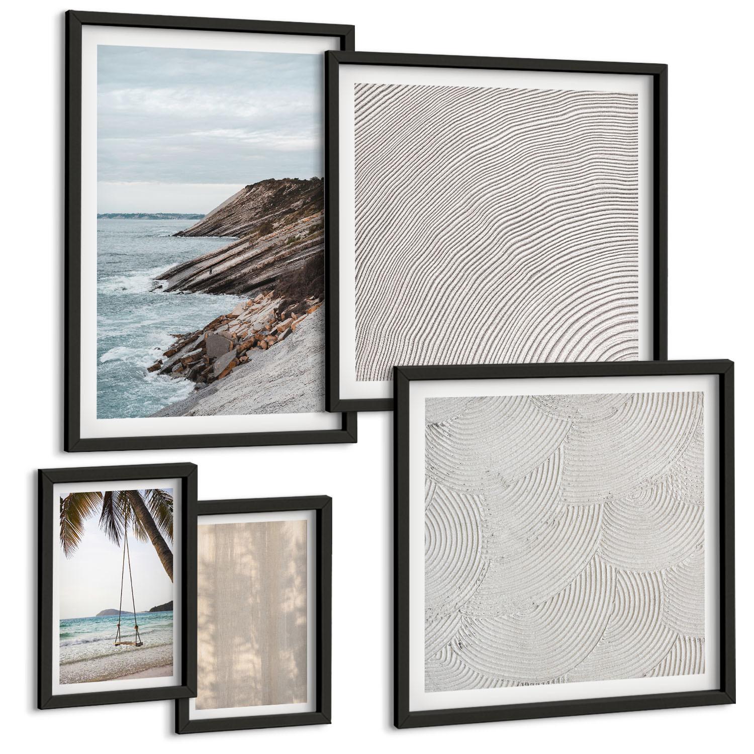 BILDER SET 5er Set - 50x50 cm & 20x30 cm & 40x60 cm Schwarzer Rahmen - Sommerlicher Sandstrand mit Meerblick - Schwarz, Kunststoff (40/60cm) - TULUP