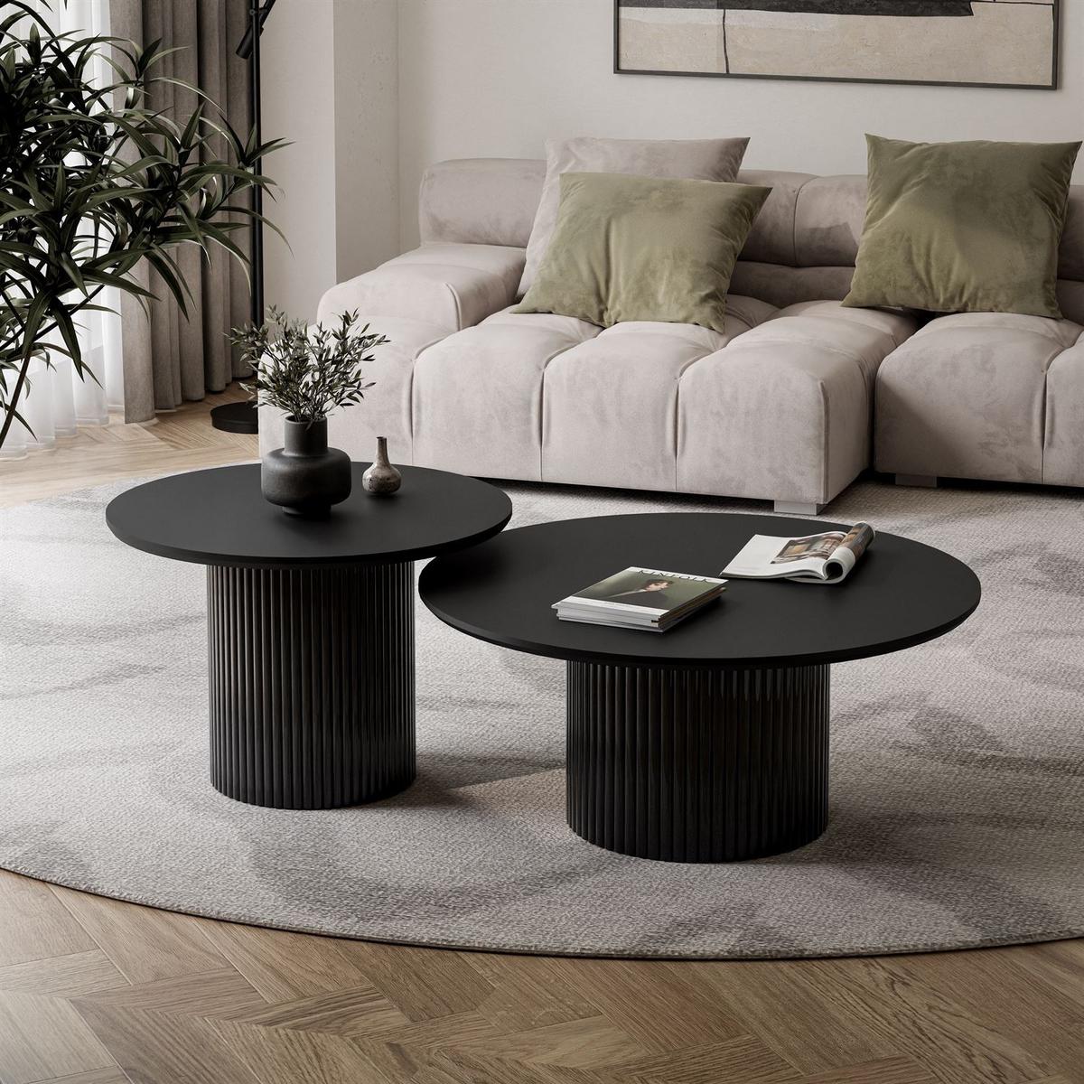 COUCHTISCH-SET OVI mit geriffeltem Sockel - Schwarz, Holzwerkstoff (80/80/42cm) - Lookway