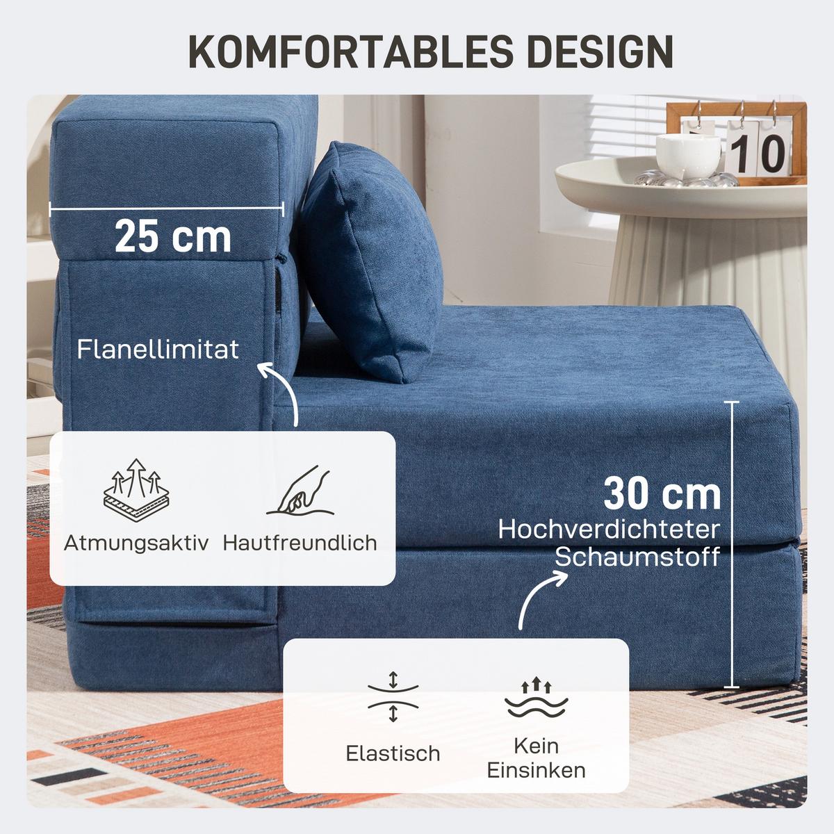 3 in 1 Schlafsessel, klappbares Schlafsofa mit Bettfunktion, Lendenkissen, Blau - Blau, Kunststoff (80/15/210cm) - HOMCOM