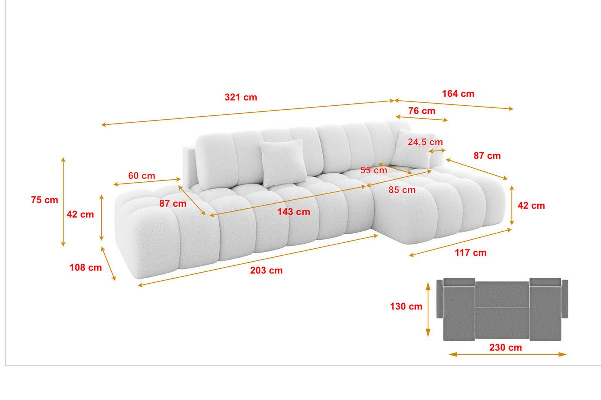 ECKSOFA mit Schlaffunktion Ottomane RECHTS OLEA-L2 321x164x75 Weiß Bouclé - Schwarz/Weiß, Holzwerkstoff/Kunststoff (164/321cm) - ALTDECOR