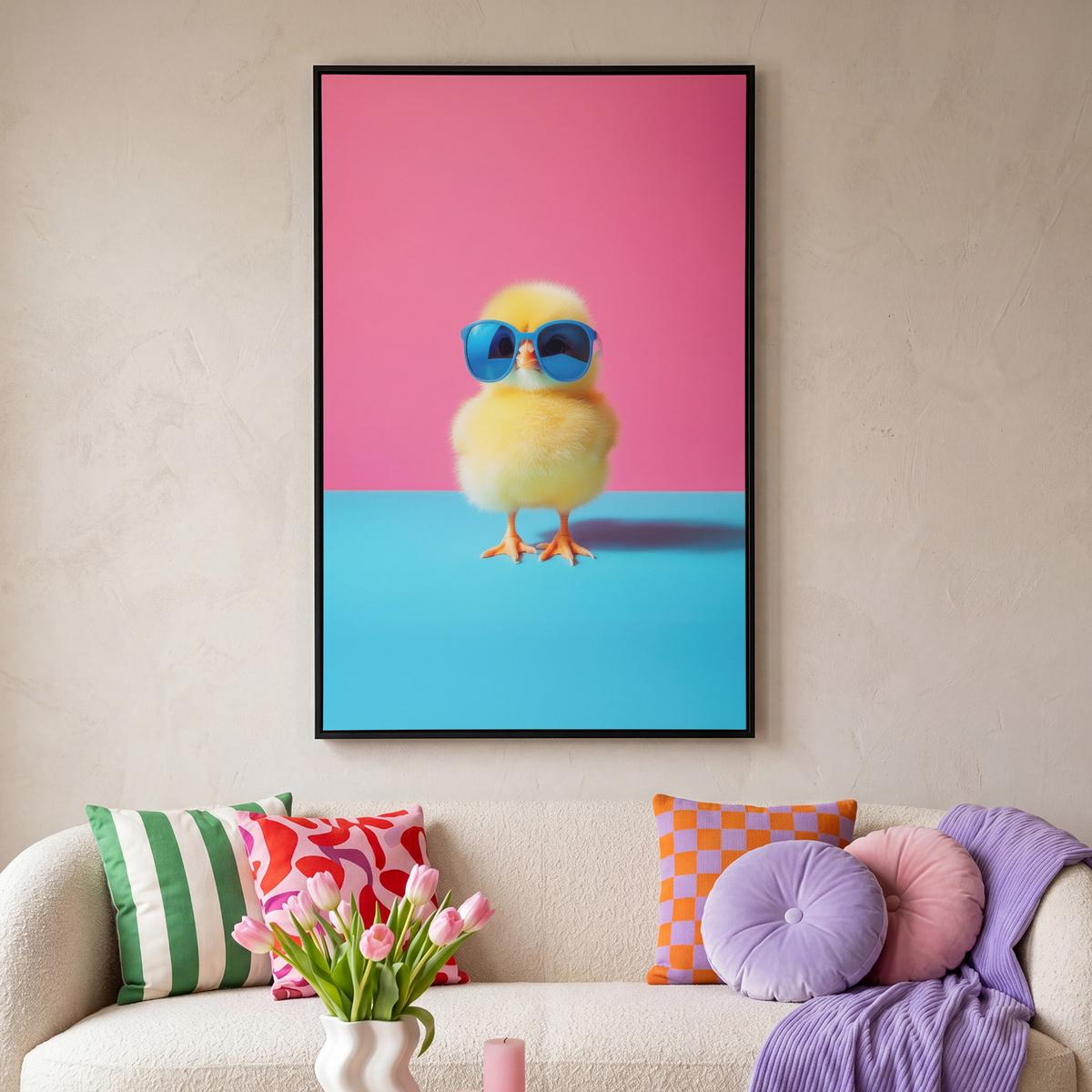 LEINWAND Bilder mit Rahmen - Chick - Sonnenbrille - Blau - 100x150 - Pink, Textil (100/150cm) - MuchoWow