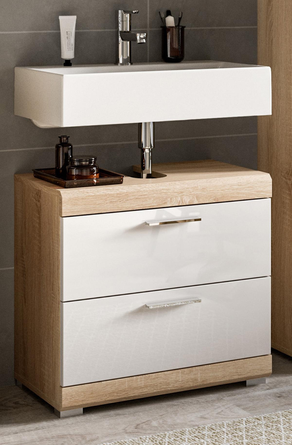 WASCHBECKENUNTERSCHRANK weiß Hochglanz, Eiche 60 cm, Schubkästen mit Vollauszug - Weiß Hochglanz/Eichefarben, Holzwerkstoff/Kunststoff (60/56/37cm) - Inn.Furn