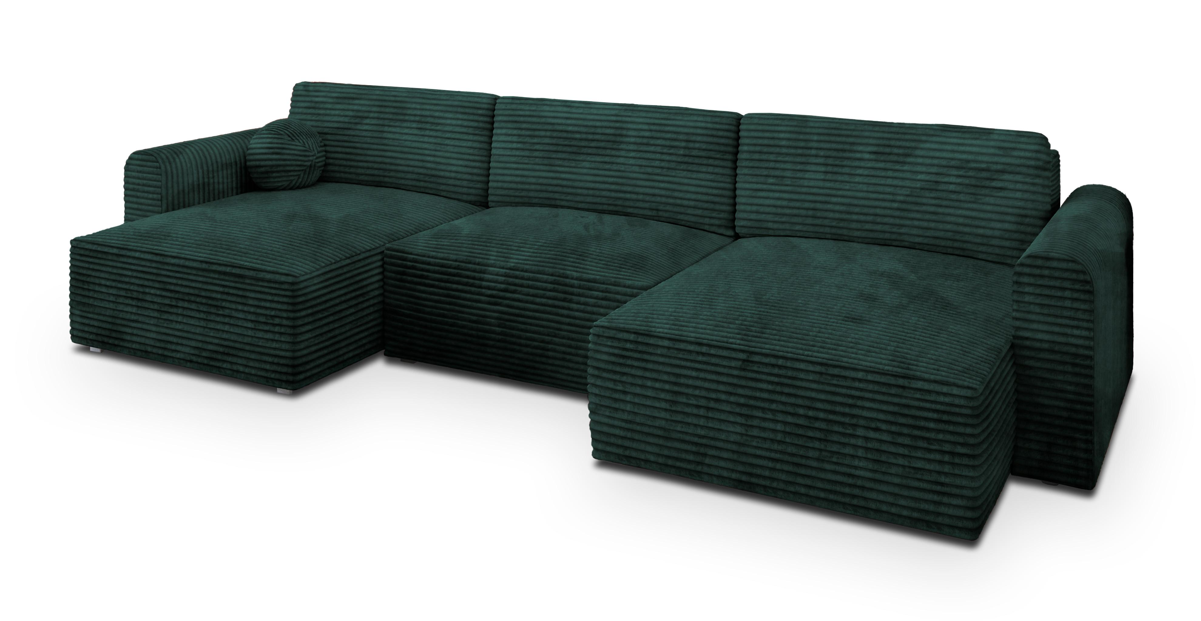 WOHNLANDSCHAFT FENTO Grün Kordstoff mit Schlaffunktion - Grün, Holz (347/90/148cm) - MASSENO