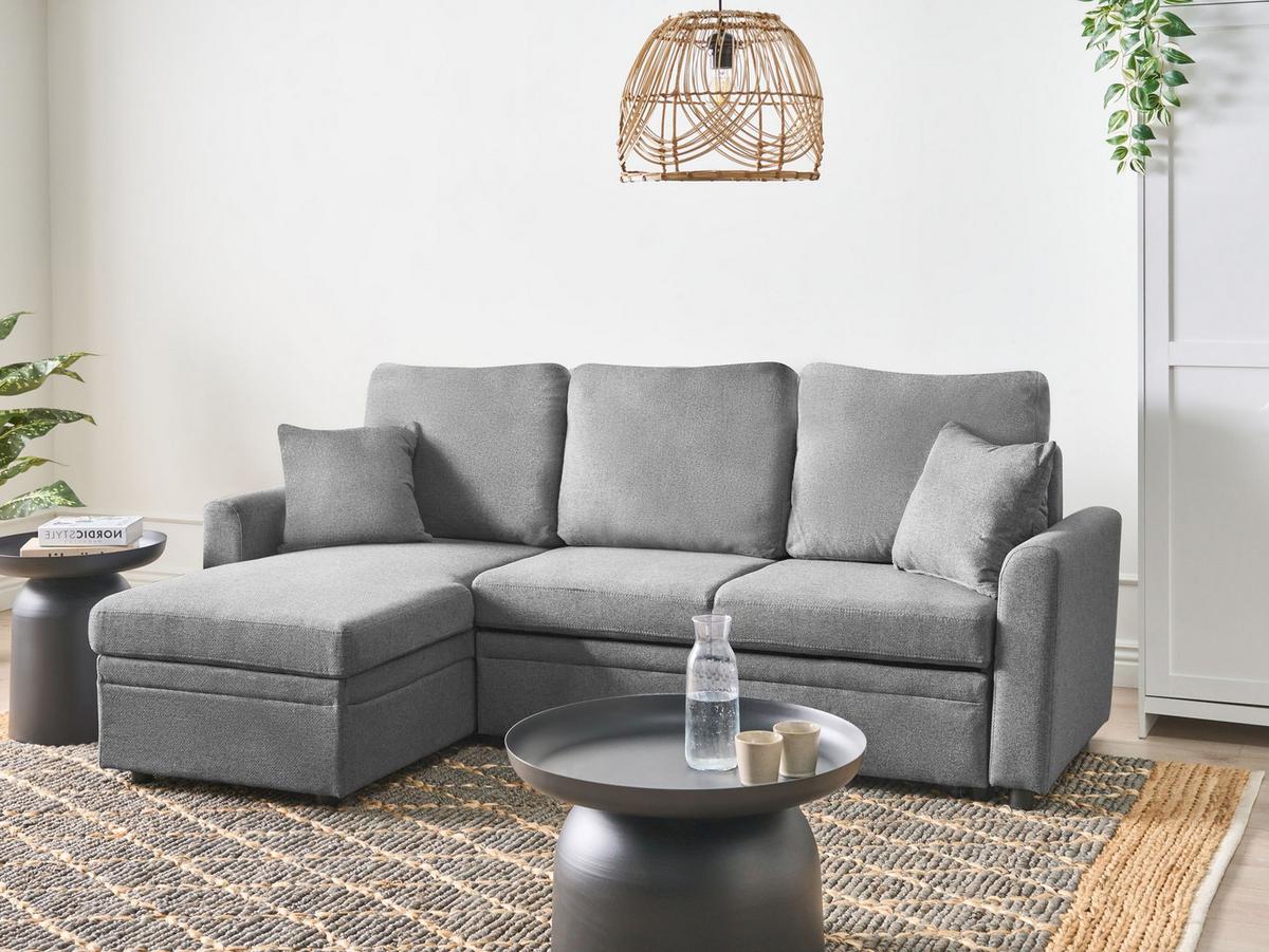 ECKSCHLAFSOFA 3-Sitzer Kunstleinen Grau rechtsseitig Nassjo - Grau, Textil (210/131cm) - Beliani