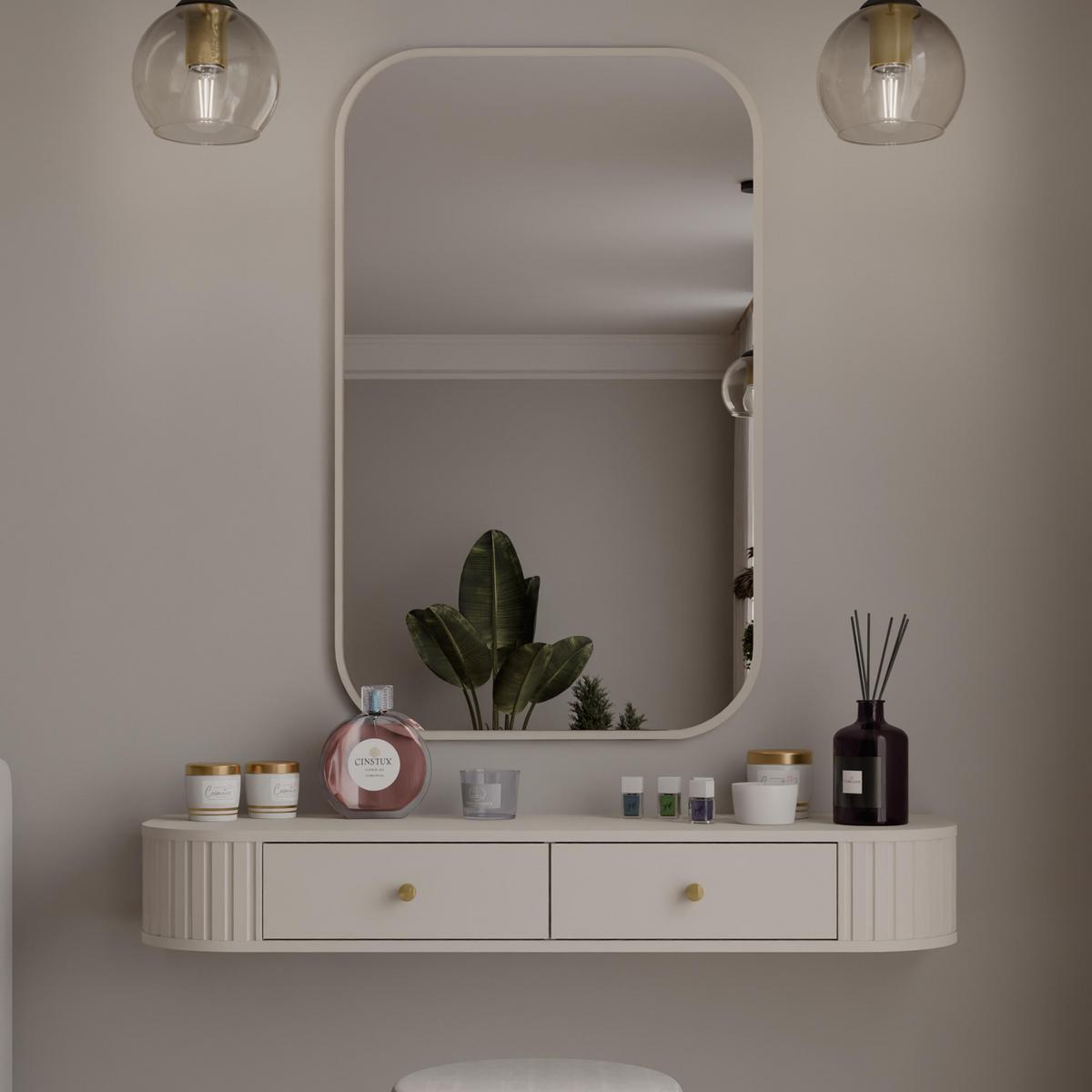 KONSOLENTISCH Halay Beige 2 Schubladen mit runden Kanten + Rechteckiger Spiegel - Beige/Goldfarben, Holzwerkstoff/Metall (36/123/17.5cm) - AX Living