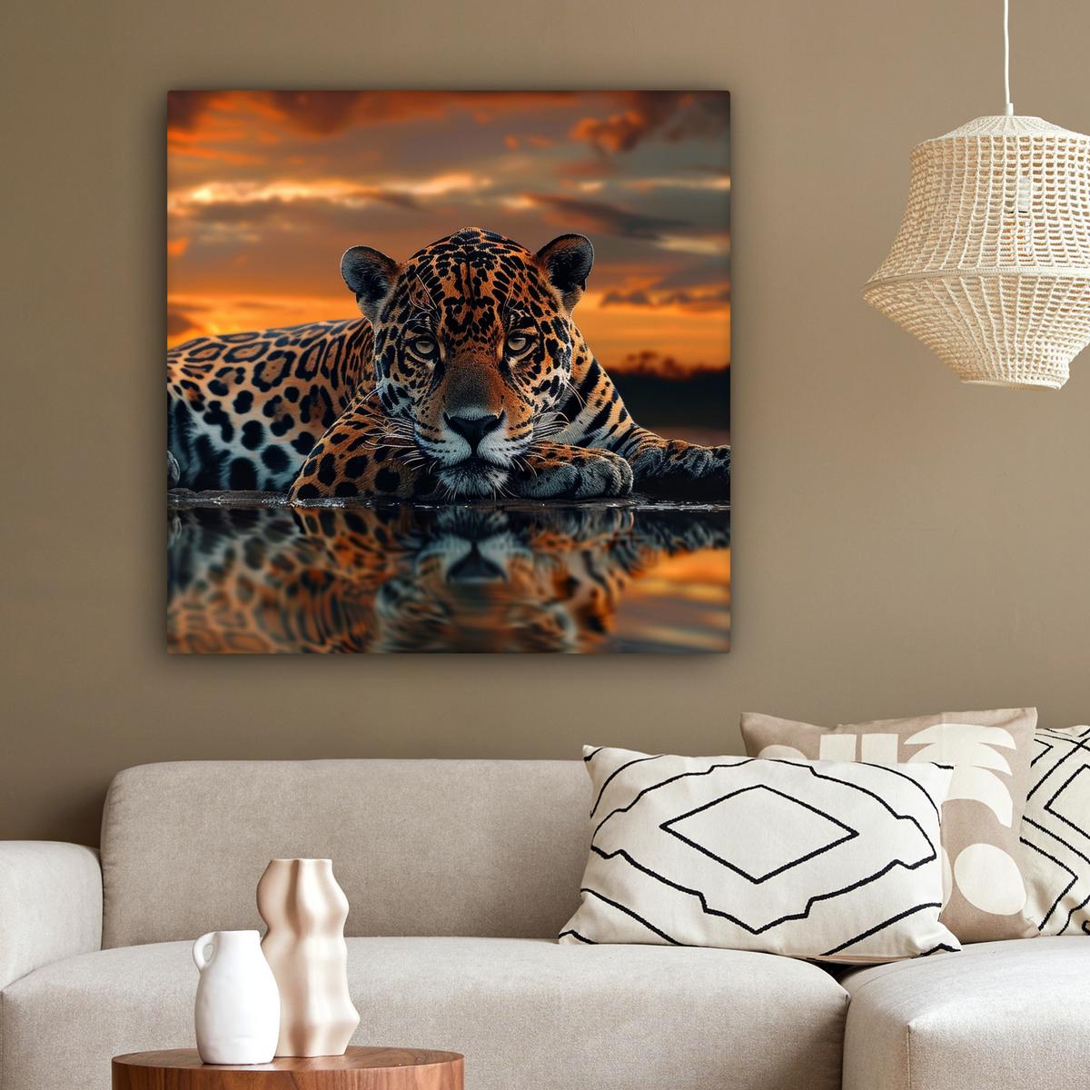 LEINWANDBILD Natur - Leopard - Tier - Sonnenuntergang - Modern Deko Groß 90x90 cm - Orange, Textil (90/90cm) - MuchoWow