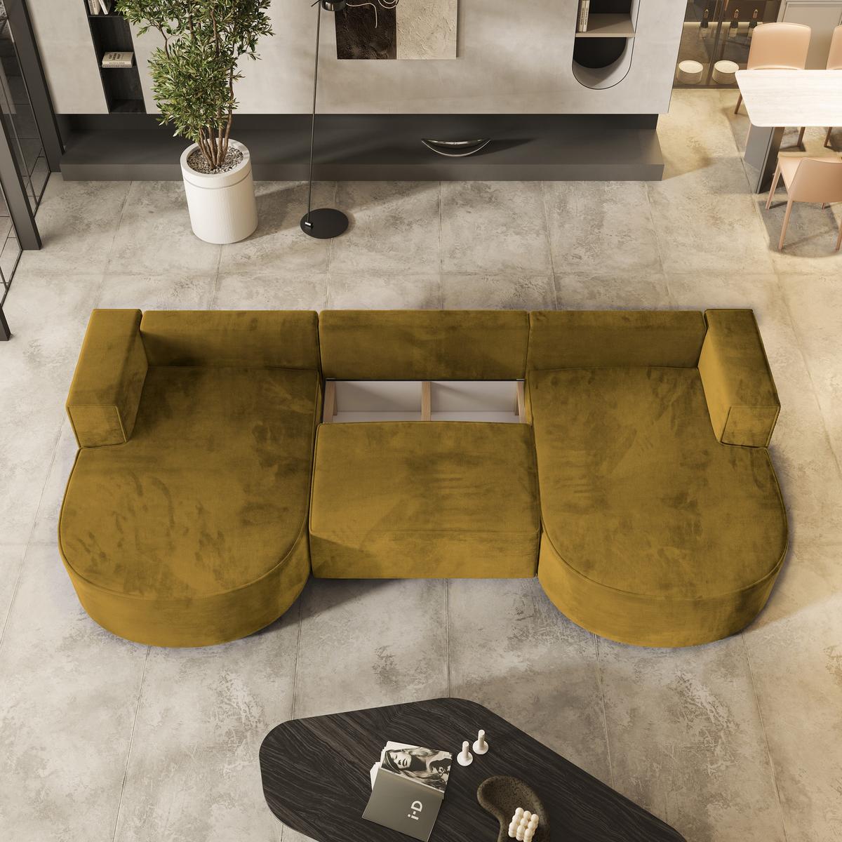 WOHNLANDSCHAFT VEZZO M Gelb Velours-Stoff mit Schlaffunktion - Gelb, Holz (347/85/174cm) - MASSENO