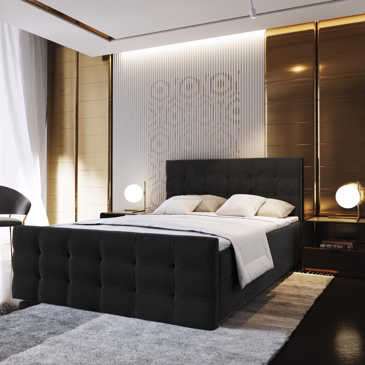 BOXBETT AMON 180x200 cm mit Matratze und Topper - Schwarz - Schwarz, Holz (180/200cm) - MASSENO