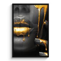 POSTER MIT RAHMENGERAHMTES BILD Frau - Schwarz - Gold - Gesicht - Lippen 60x90 cm - Goldfarben, Papier (60/90cm) - MuchoWow