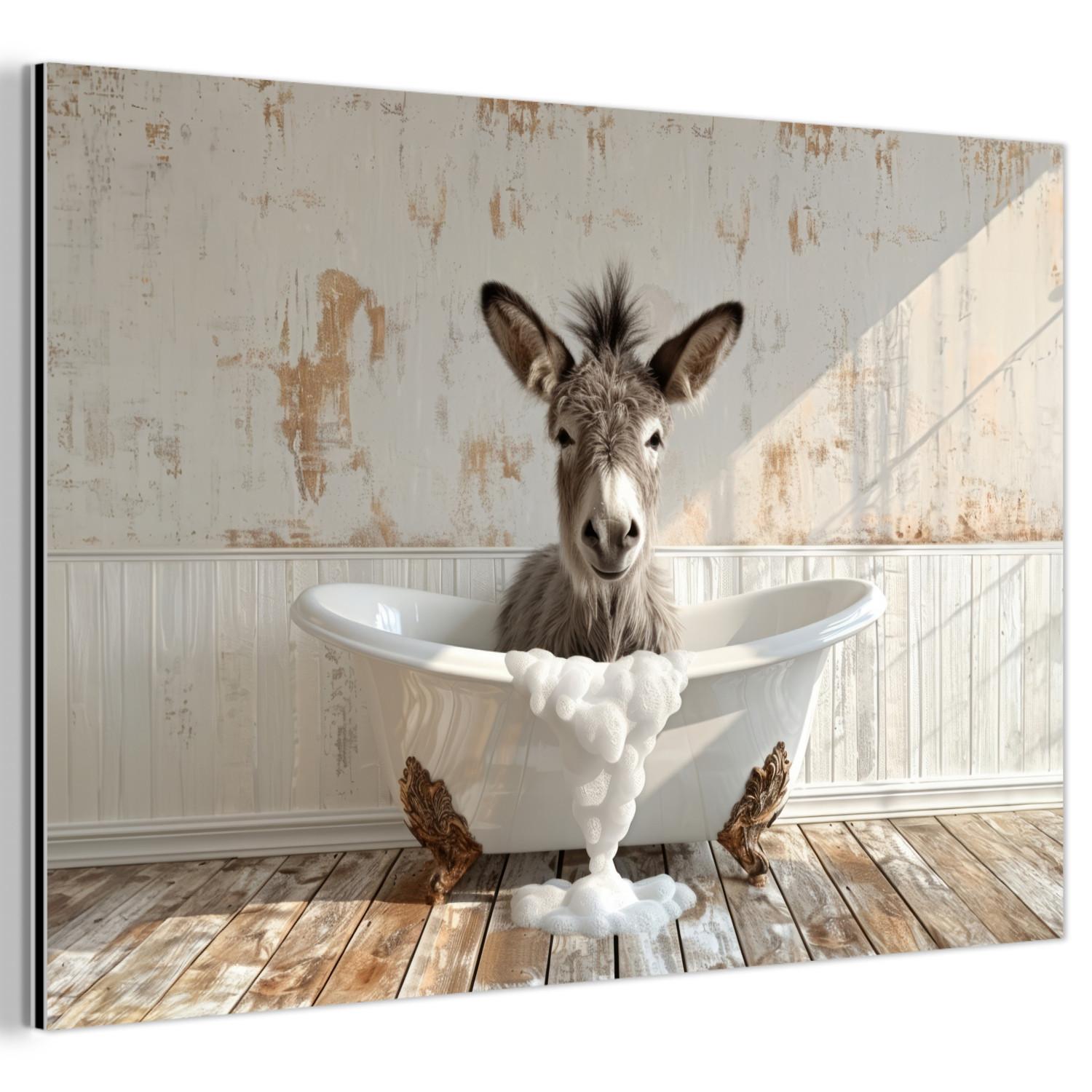 METALLBILD Esel - Tiere - Badewanne - Schaumstoff Wandbild 60x40 cm - Weiß, Metall (60/40cm) - MuchoWow