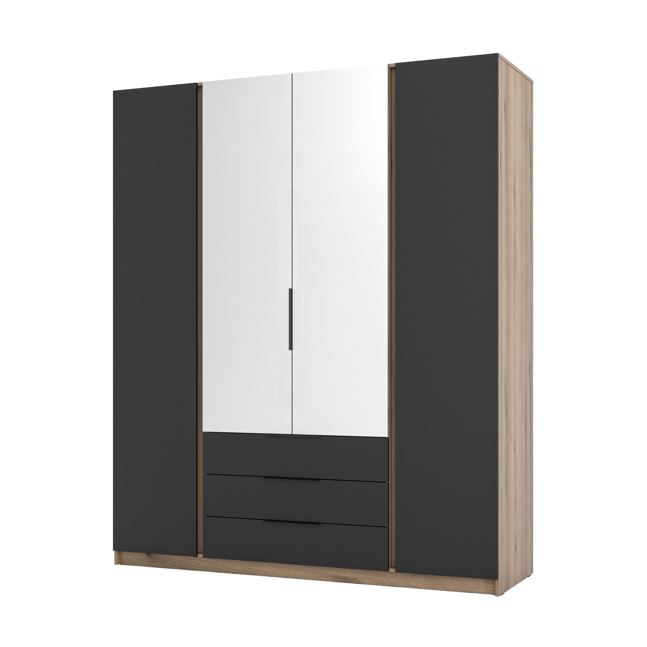 KLEIDERSCHRANK Nehir Eiche Evoke/Schwarz 200 cm - 4T3S Modern mit Schubladen und 2 Spiegeln mittig - Eichefarben/Schwarz, Holzwerkstoff/Kunststoff (200/239/61.9cm) - AX Living