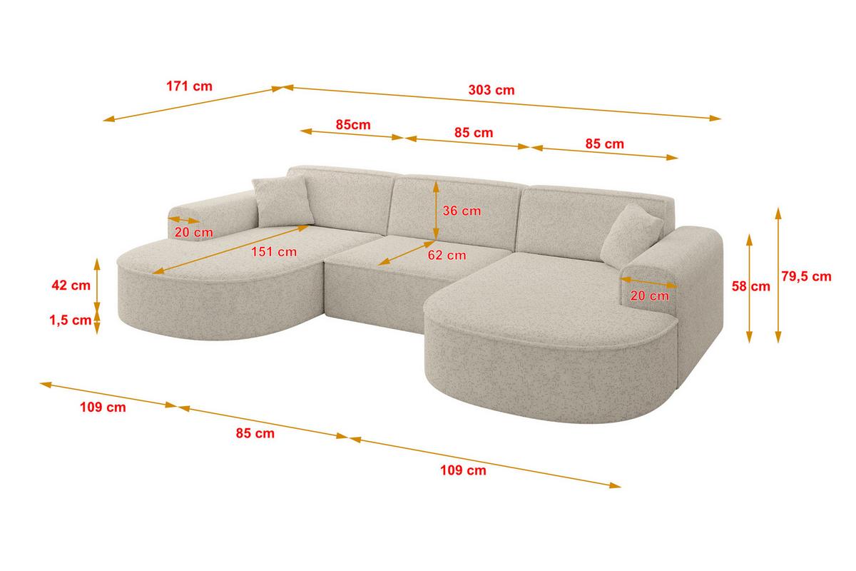 WOHNLANDSCHAFT MARI-U1 - 303x171x79 cm Beige Tissu - Beige/Schwarz, Holzwerkstoff/Kunststoff (303/79/171cm) - ALTDECOR