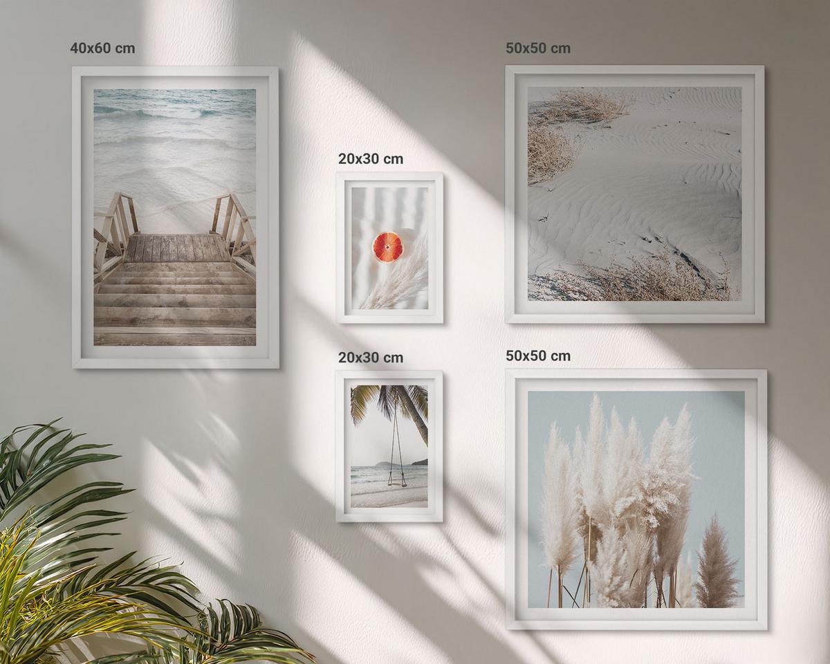 BILDER SET 5er Set - 50x50 cm & 20x30 cm & 40x60 cm Weißer Rahmen - Strandatmosphäre dank hölzerner Treppen. - Weiß, Kunststoff (40/60cm) - TULUP