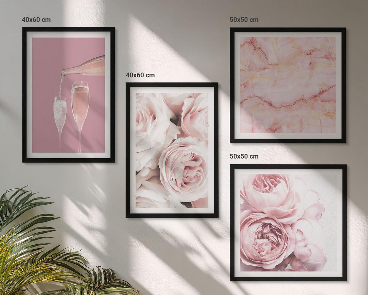 BILDER SET 4er Set - 50x50 cm & 40x60 cm Schwarzer Rahmen - Rosen, Champagner, Marmor, Pastell - Schwarz, Kunststoff (50/50cm) - TULUP